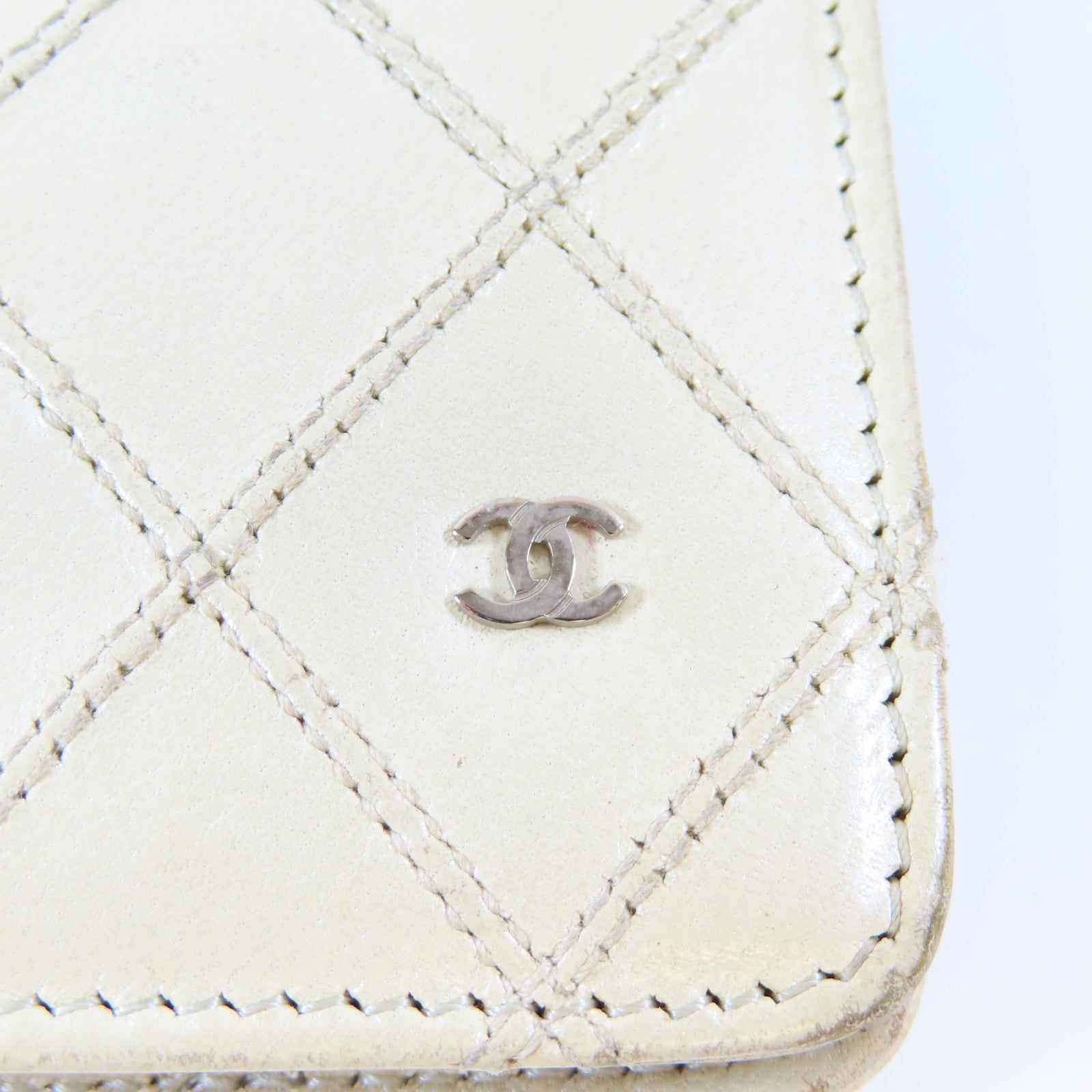 CHANEL 【激減優惠】菱格牛皮皮革Long Wallet銀扣長錢包米色