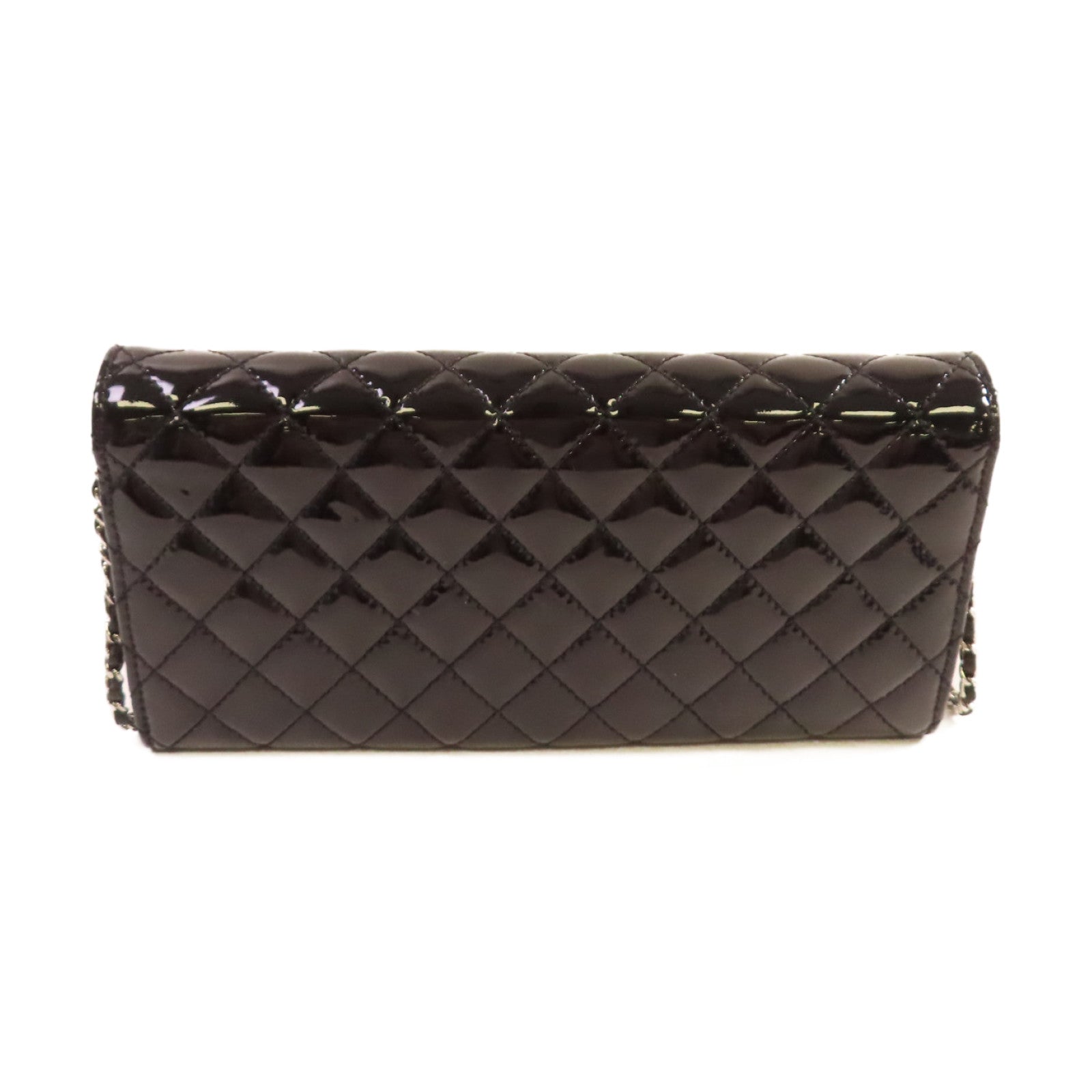 CHANEL 菱格漆皮皮革WOC Wallet On Chain Shoulder Bag銀扣鏈帶肩背袋黑色