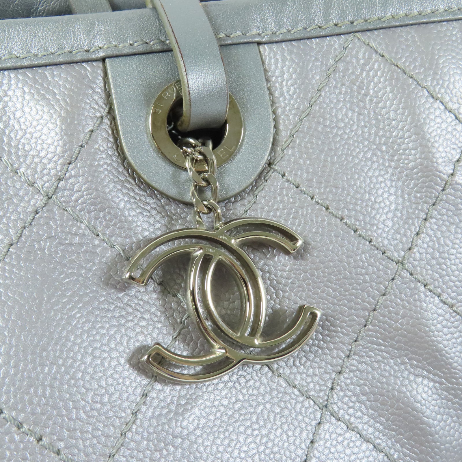 CHANEL 牛皮皮革Tote Bag銀扣肩背袋