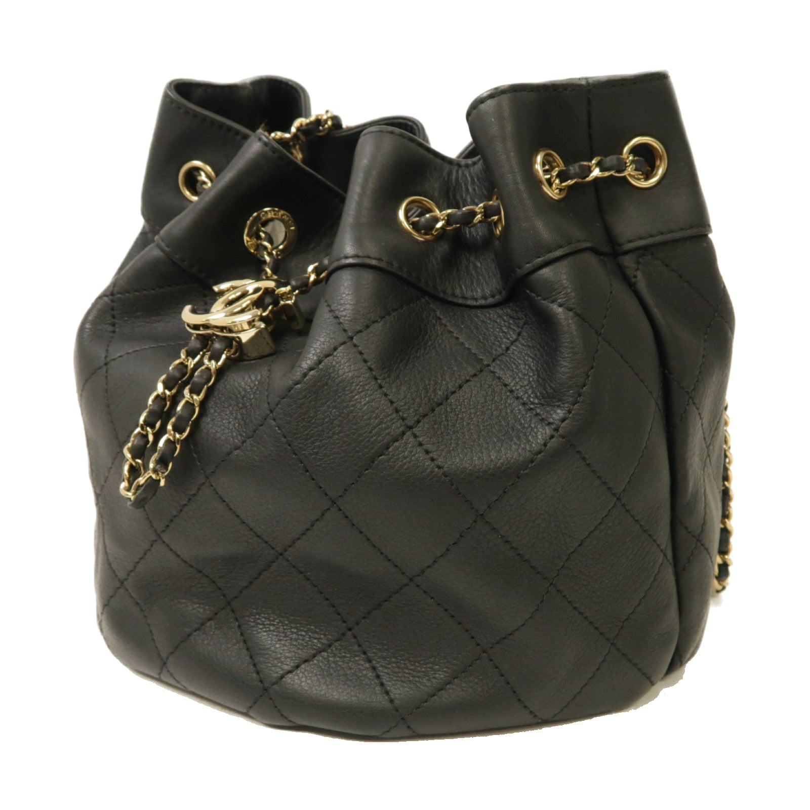 CHANEL 【激減優惠】菱格牛皮皮革Bucket Bag金扣肩背袋黑色