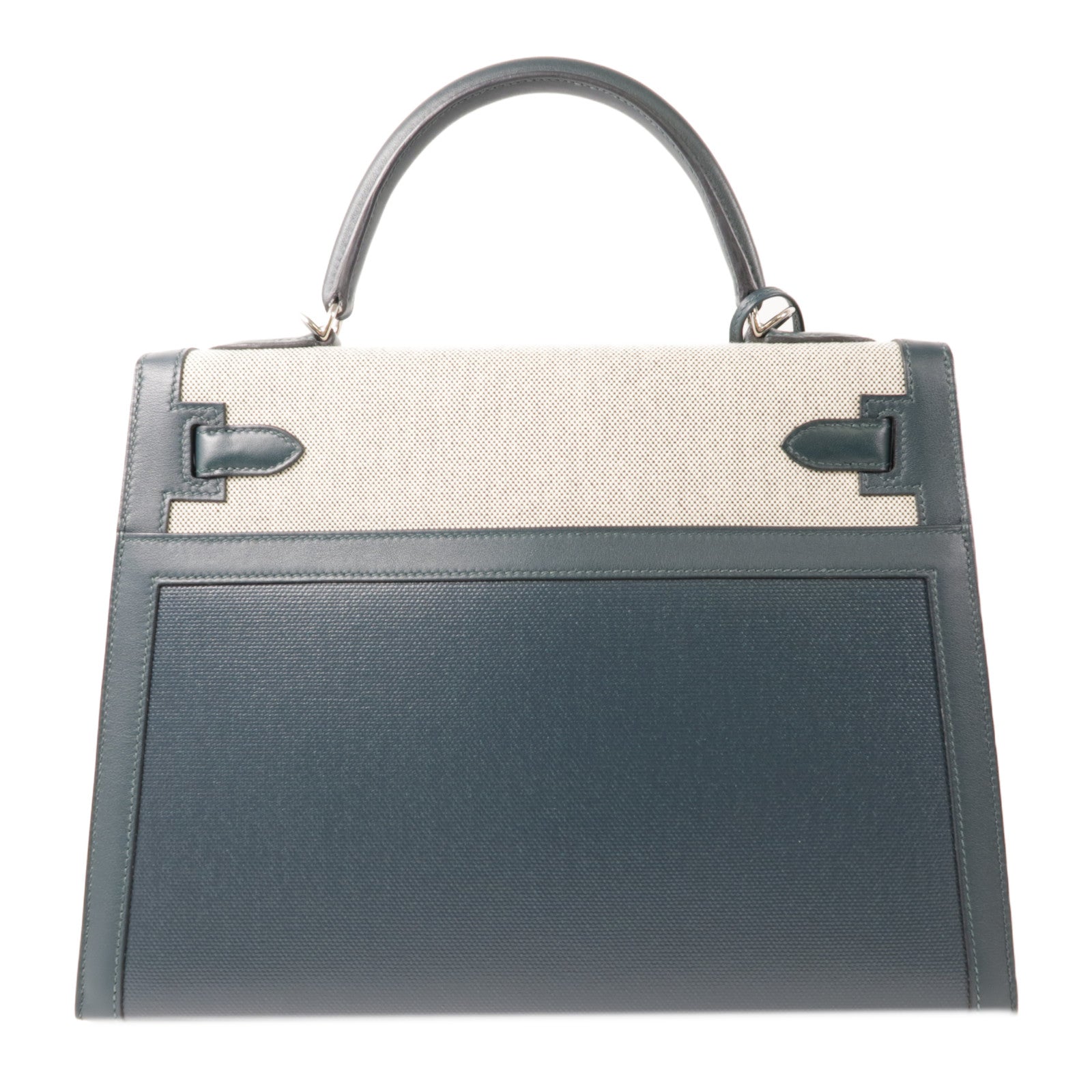 HERMES Swift皮革/Toile Berline Kelly 32銀扣手挽肩背兩用袋Vert Cypres綠色