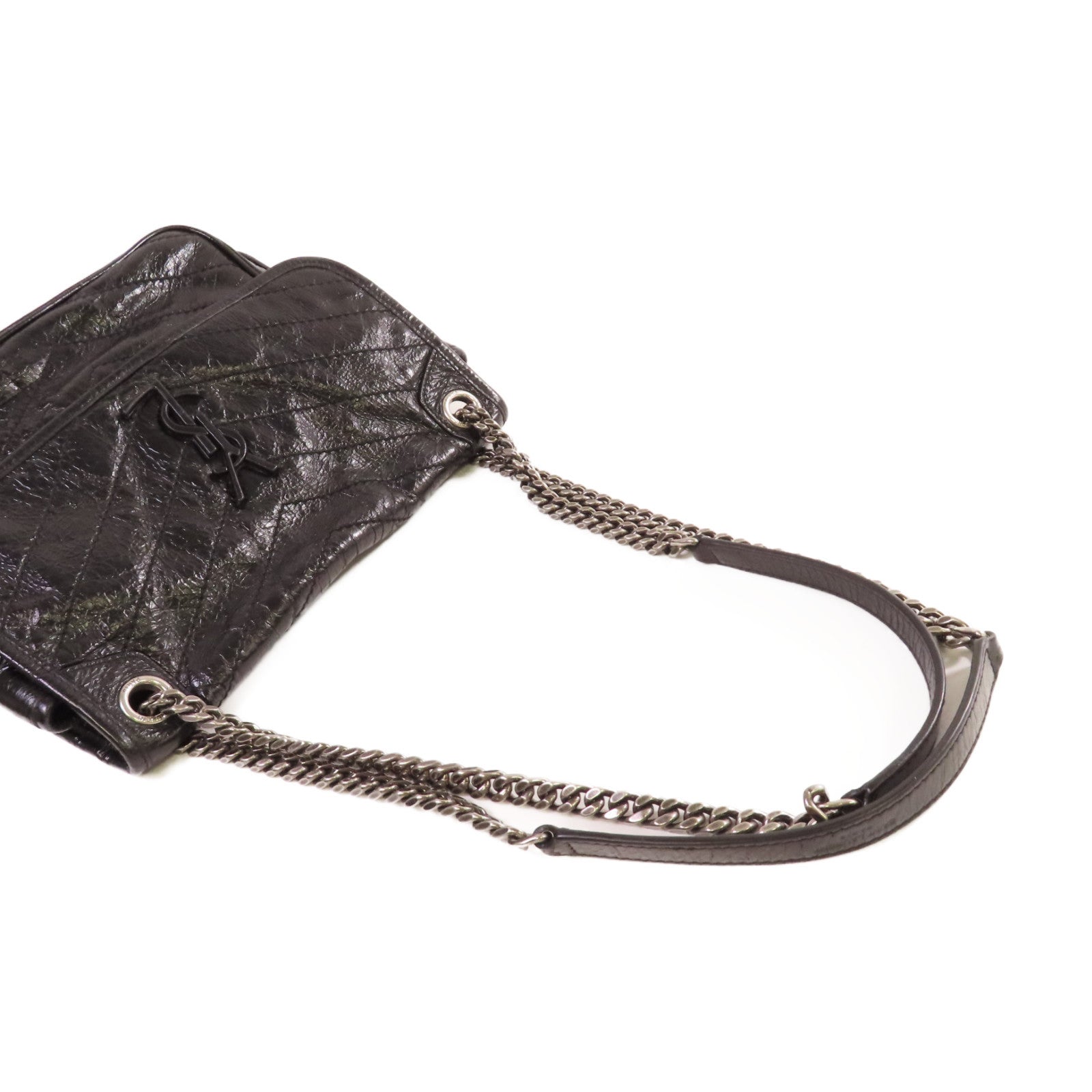 SAINT LAURENT 斜紋皮革Niki Medium Shoulder Bag銀扣鏈帶肩背袋黑色