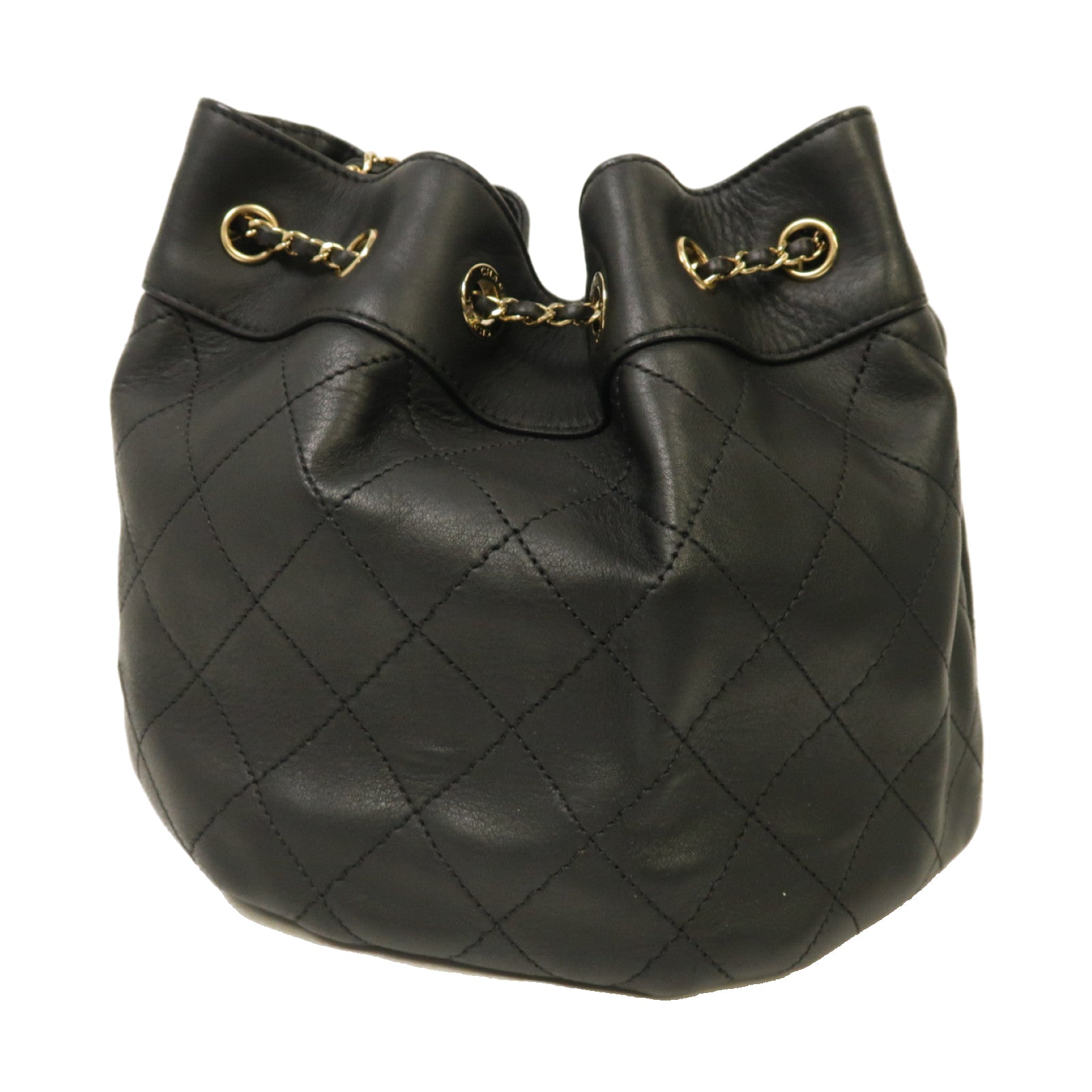 CHANEL 【激減優惠】菱格牛皮皮革Bucket Bag金扣肩背袋黑色