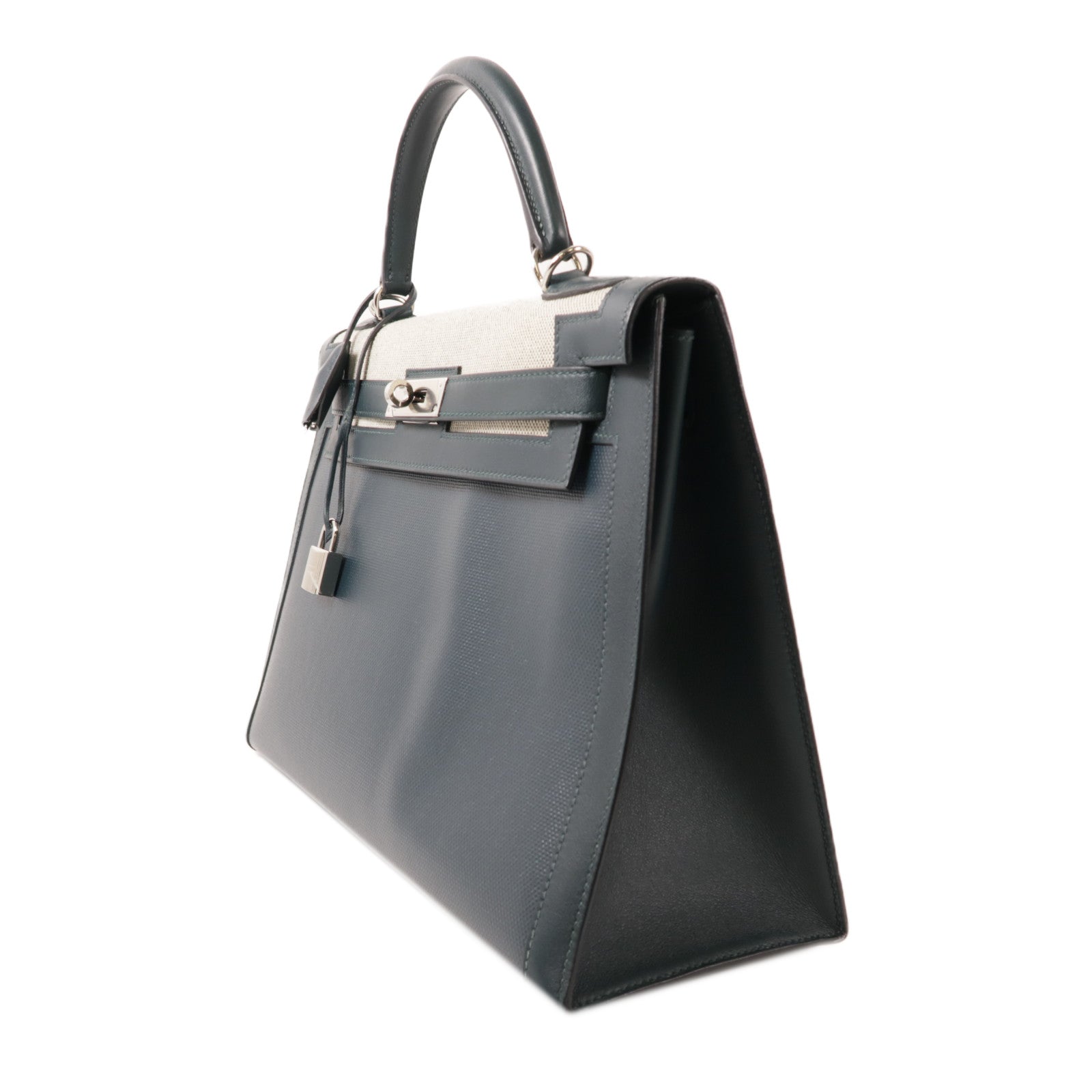 HERMES Swift皮革/Toile Berline Kelly 32銀扣手挽肩背兩用袋Vert Cypres綠色