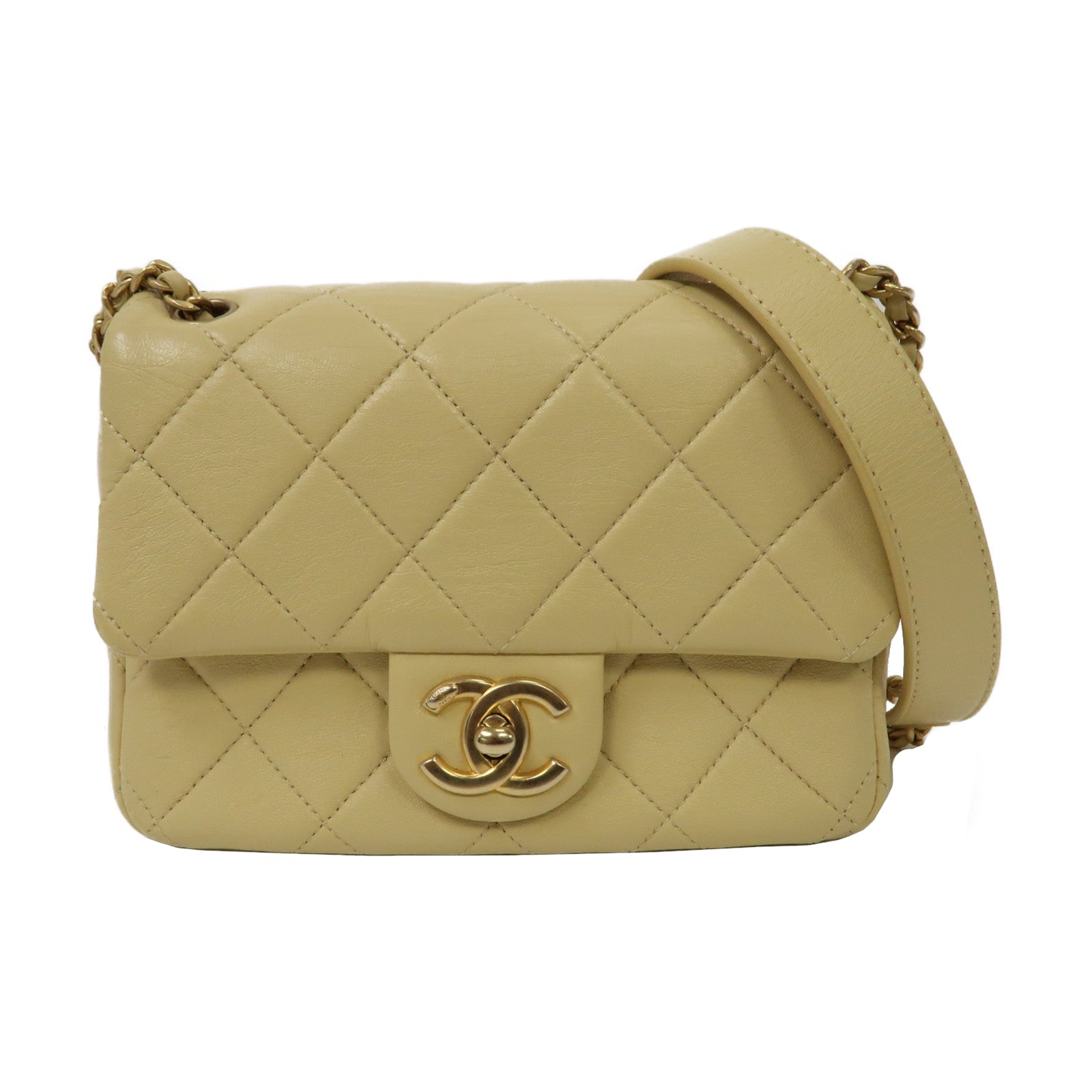 CHANEL 菱格牛皮皮革Chain Shoulder Bag金扣鏈帶肩背袋黃色