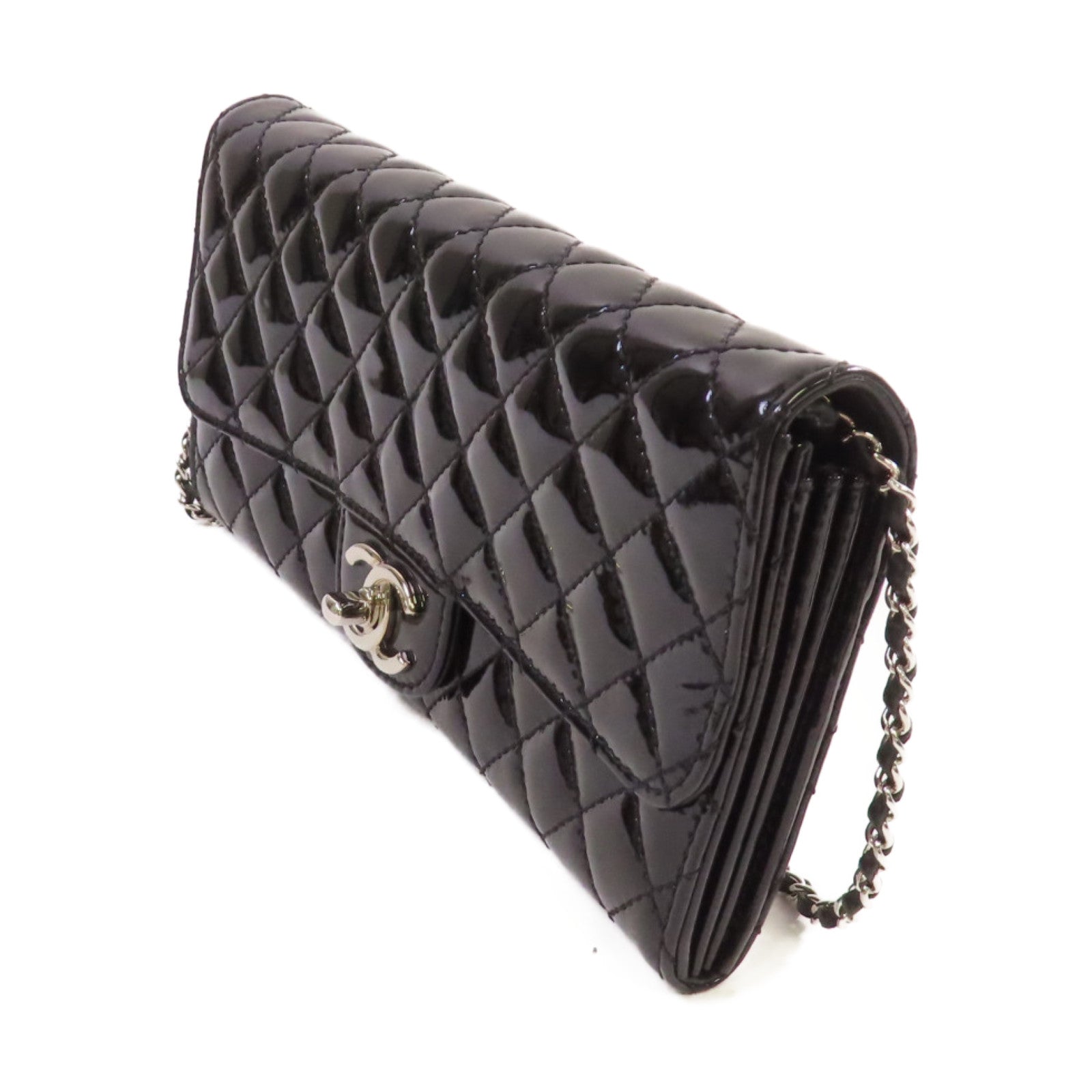 CHANEL 菱格漆皮皮革WOC Wallet On Chain Shoulder Bag銀扣鏈帶肩背袋黑色