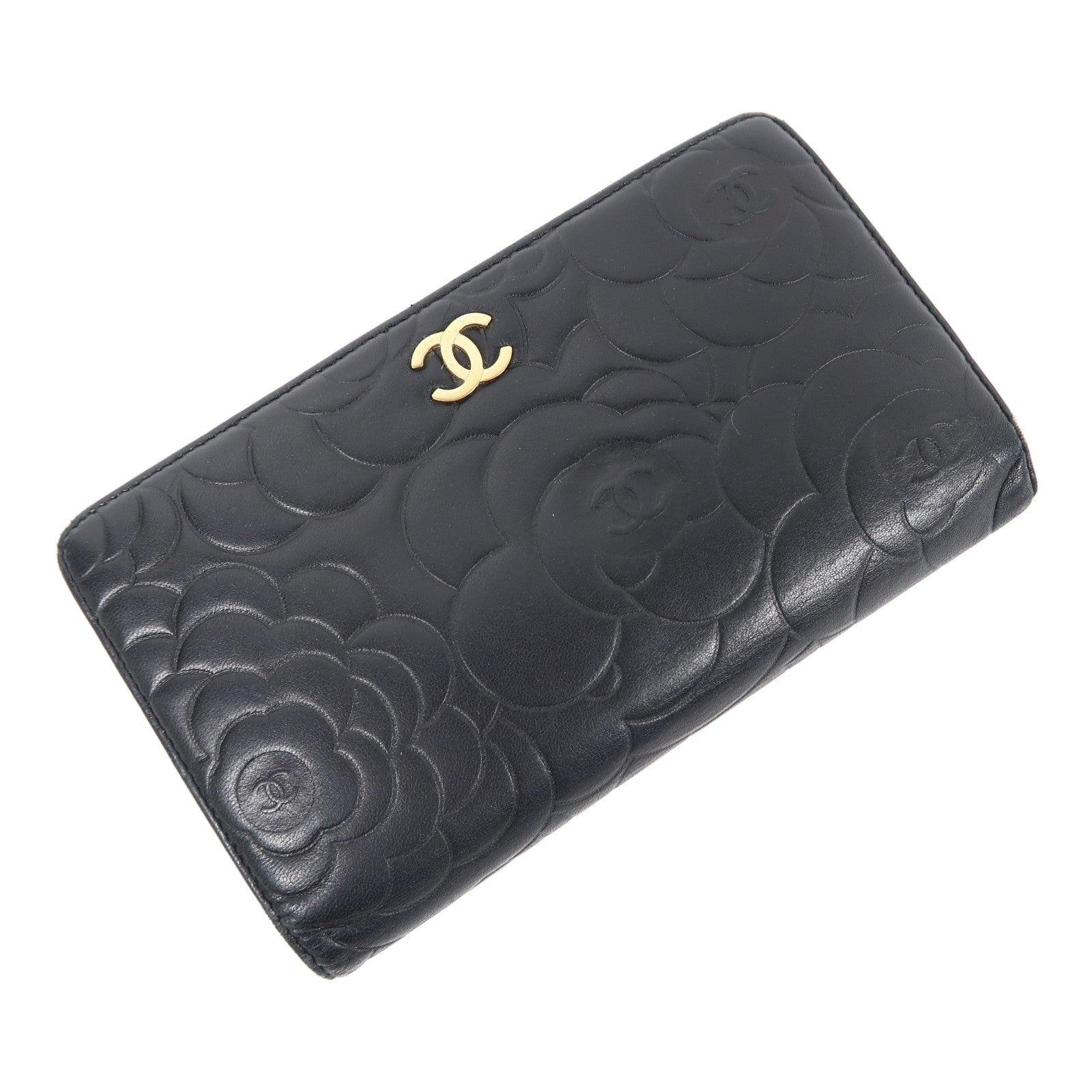 CHANEL 羊皮皮革Long Wallet金扣長錢包黑色