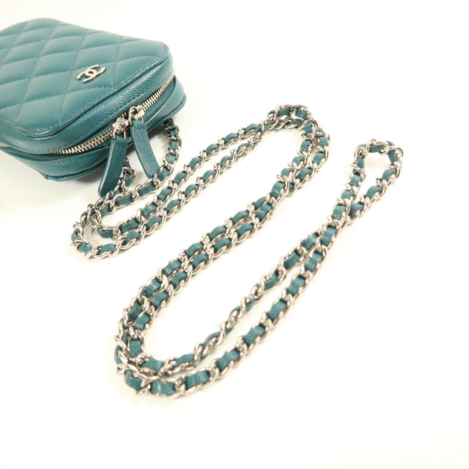 CHANEL CC SHW Phone Bag Chain Shoulder Bag Calfskin Leather Green