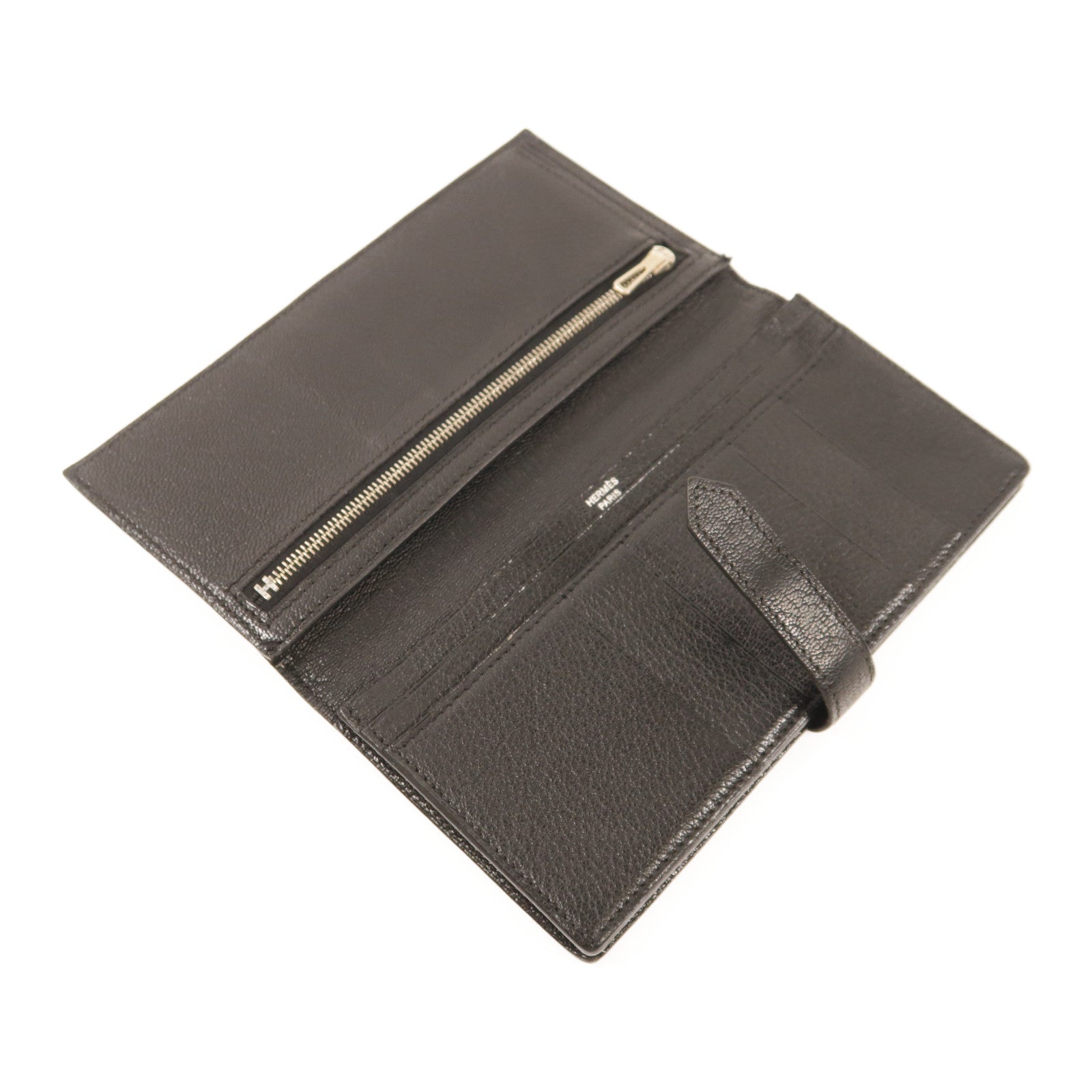 HERMES Chevre皮革Bearn Long Wallet銀扣長錢包Noir