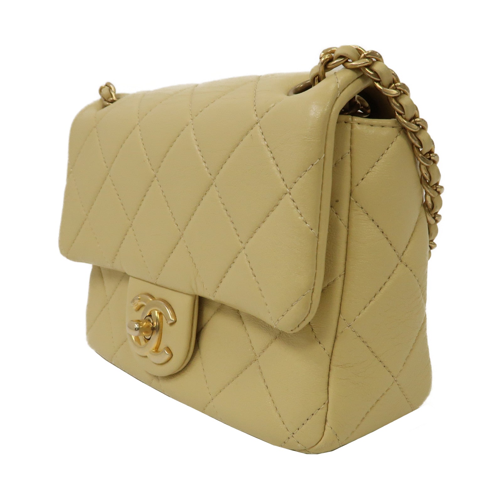 CHANEL 菱格牛皮皮革Chain Shoulder Bag金扣鏈帶肩背袋黃色