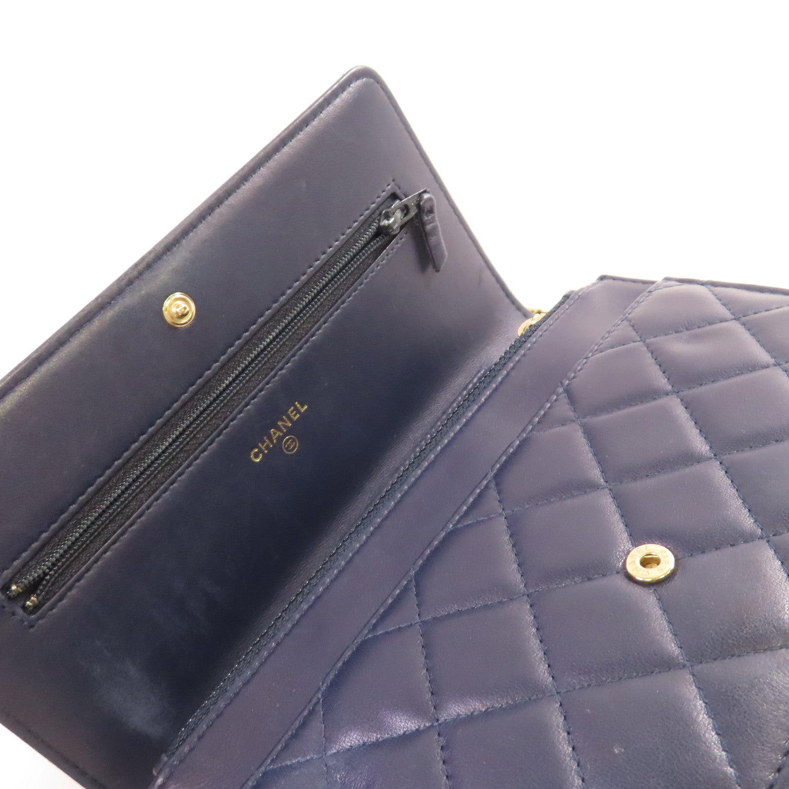 CHANEL 菱格羊皮皮革WOC Wallet On Chain Shoulder Bag金扣鏈帶肩背袋寶藍色
