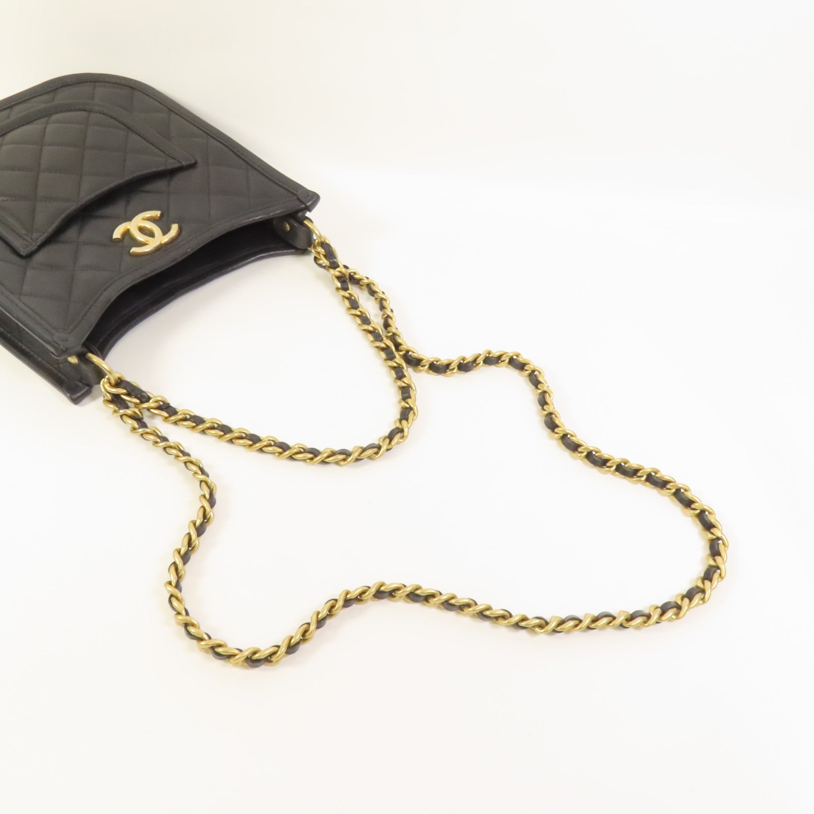 CHANEL 牛皮皮革24S Hobo金扣鏈帶手挽肩背兩用袋