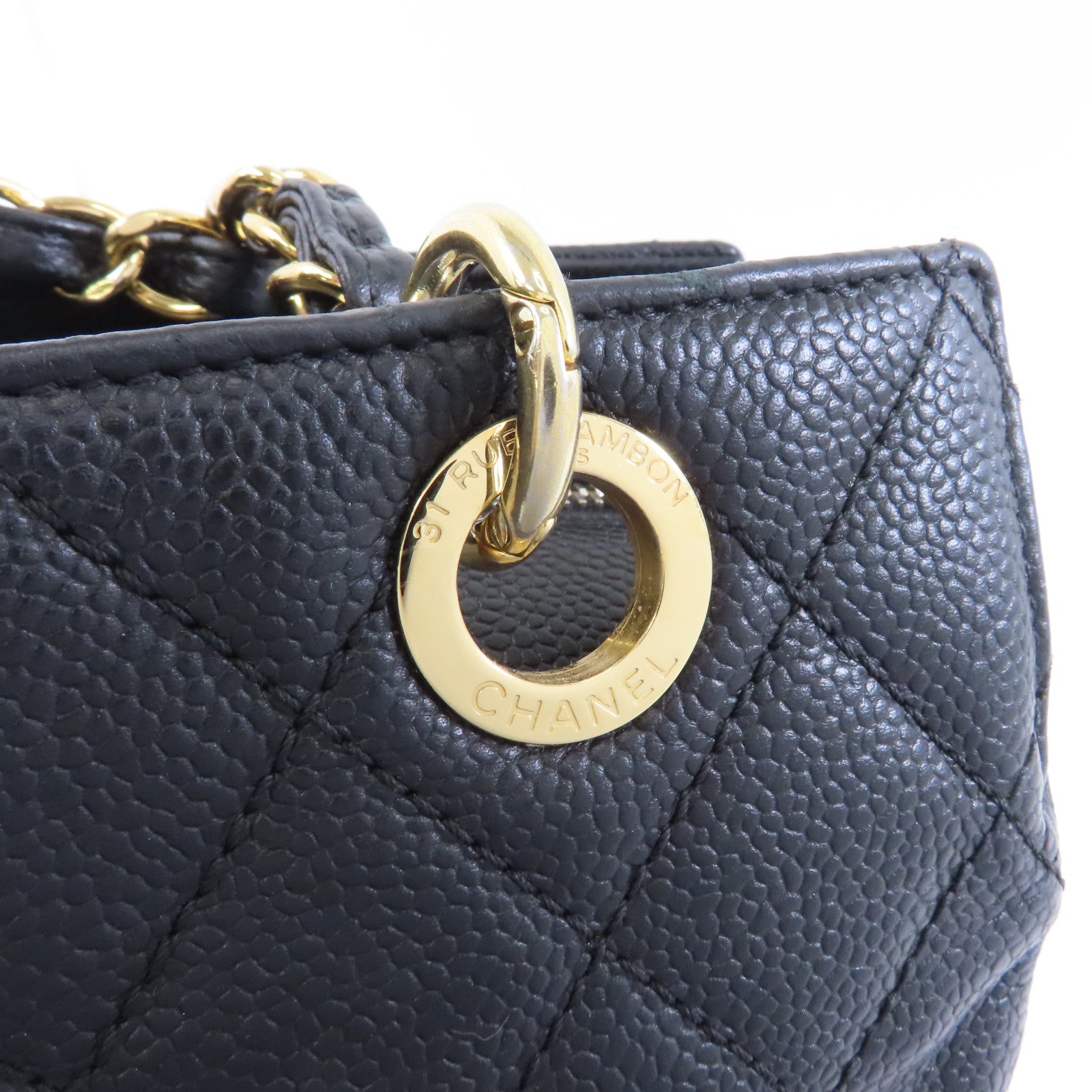 CHANEL 菱格Caviar皮革Chain Shoulder金扣鏈帶肩背袋黑色