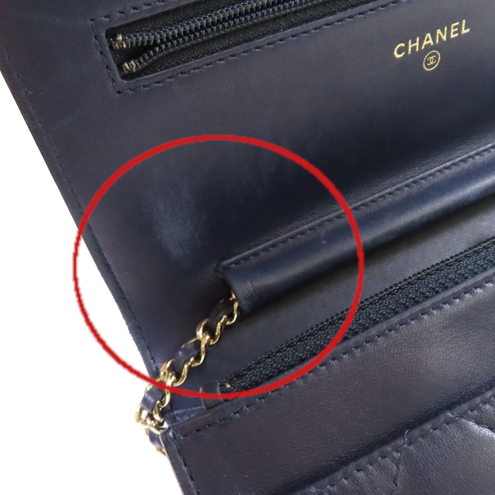 CHANEL 菱格羊皮皮革WOC Wallet On Chain Shoulder Bag金扣鏈帶肩背袋寶藍色