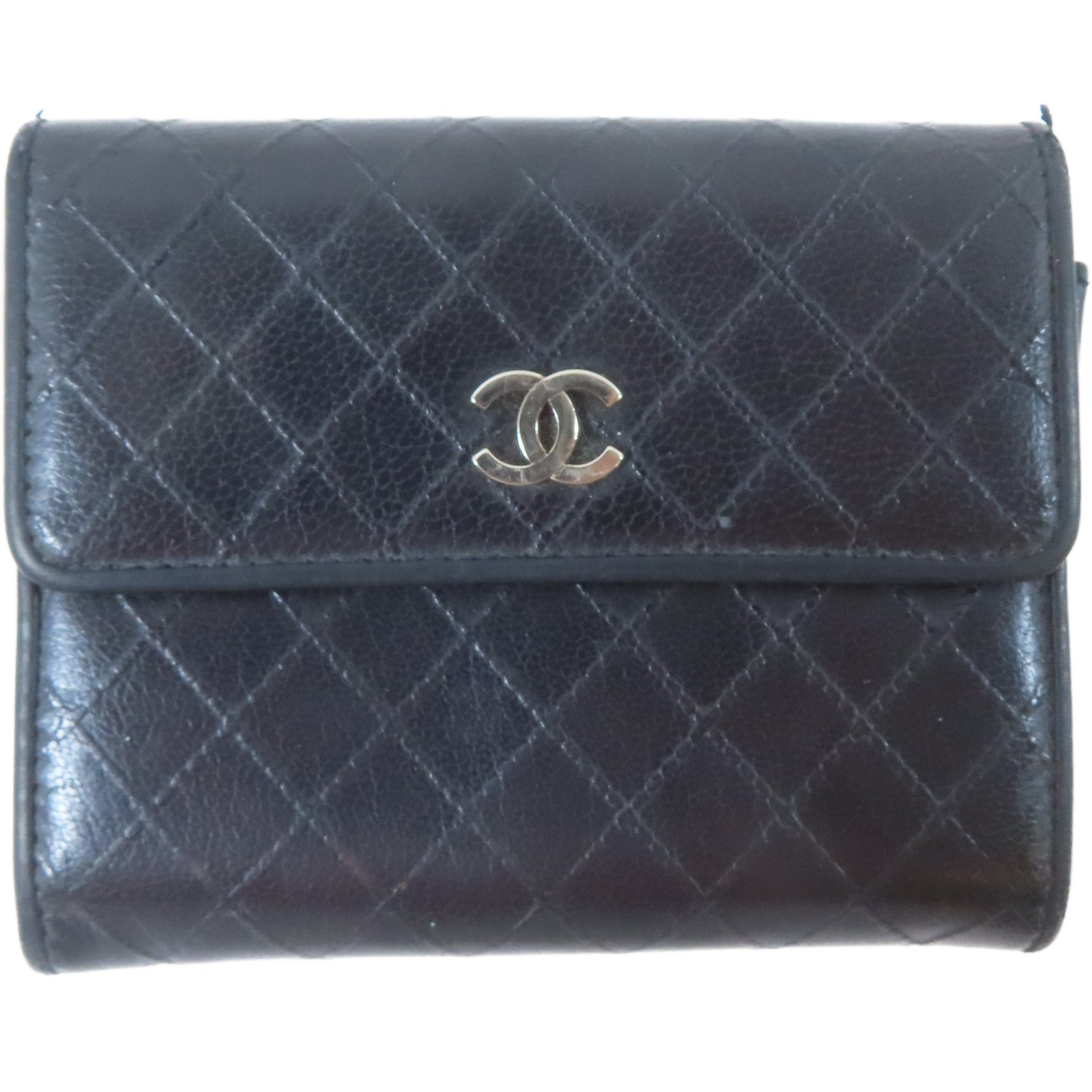 CHANEL 菱格牛皮皮革Card Case銀扣卡片套黑色