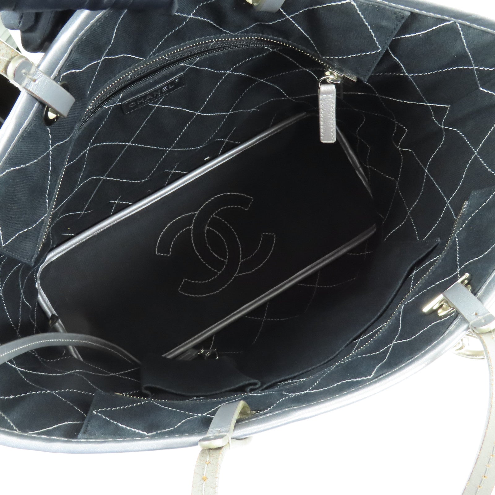 CHANEL CC SHW Shoulder Bag Tote Bag Calfskin Leather Silver