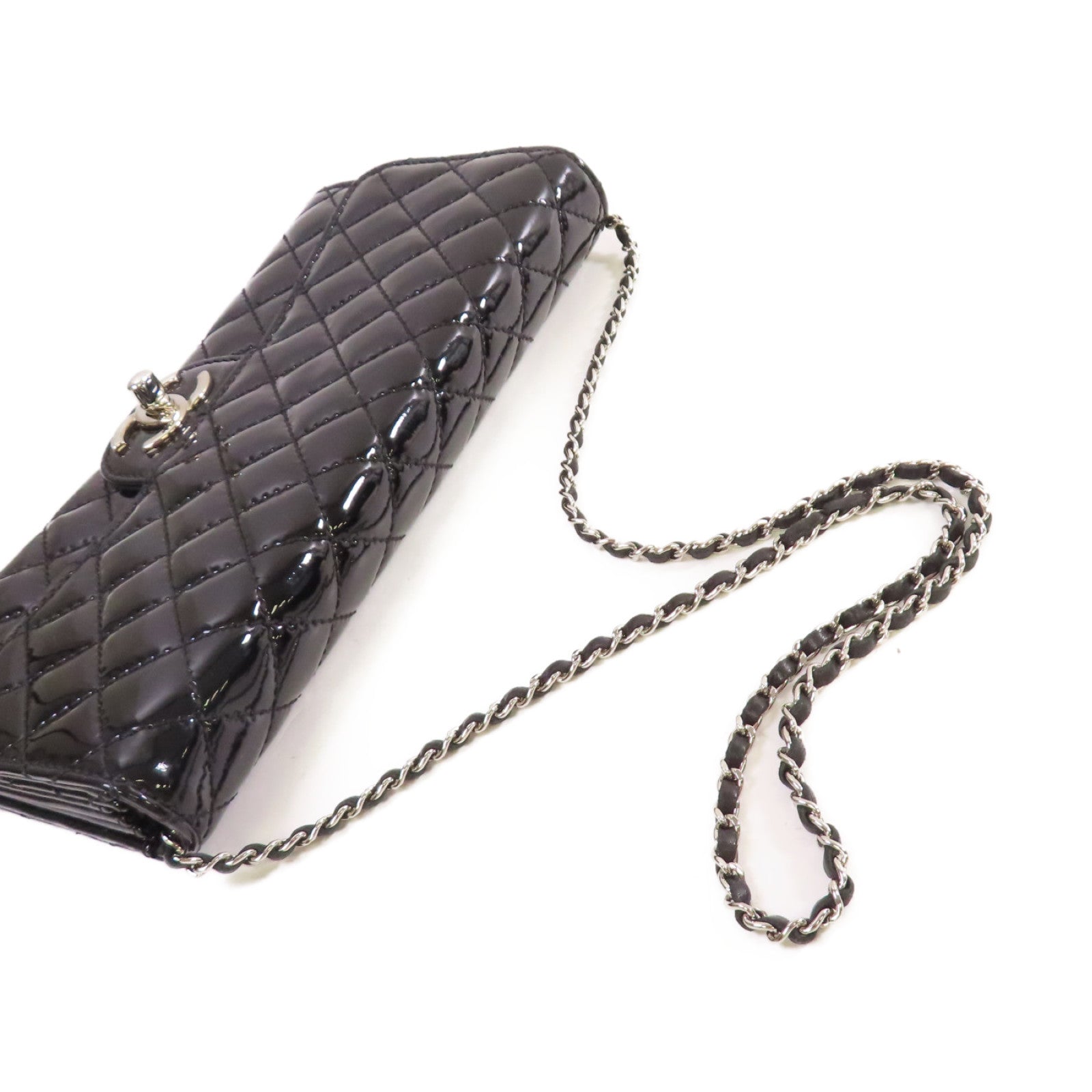 CHANEL 菱格漆皮皮革WOC Wallet On Chain Shoulder Bag銀扣鏈帶肩背袋黑色
