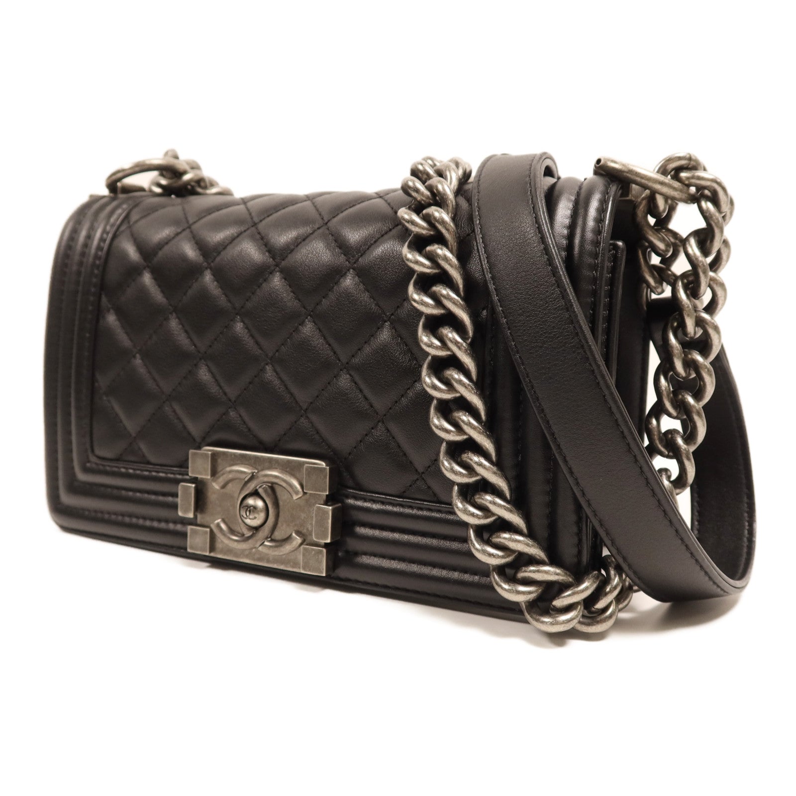 CHANEL 羊皮皮革Boy 20銀扣鏈帶肩背袋