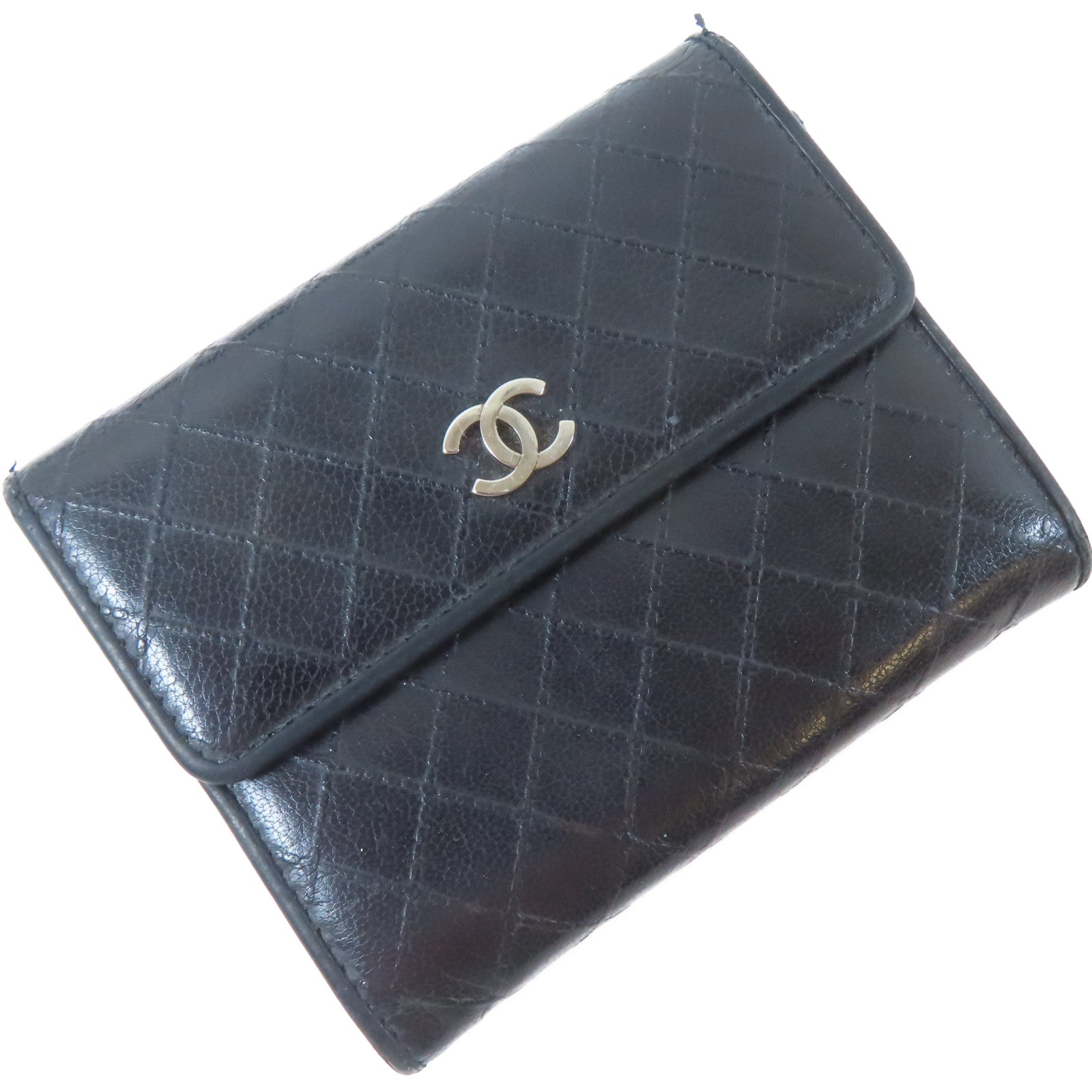 CHANEL 菱格牛皮皮革Card Case銀扣卡片套黑色