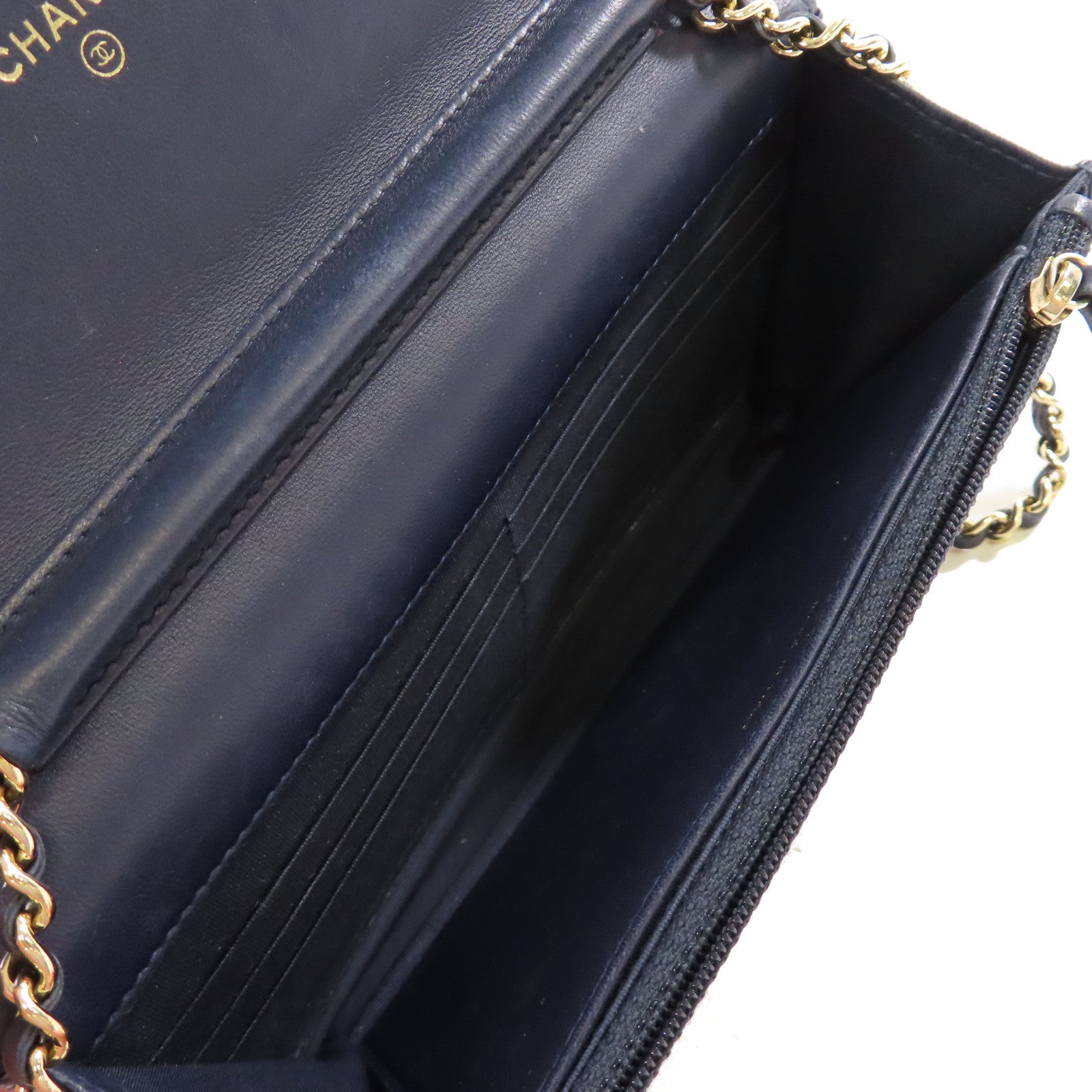 CHANEL 菱格羊皮皮革WOC Wallet On Chain Shoulder Bag金扣鏈帶肩背袋寶藍色