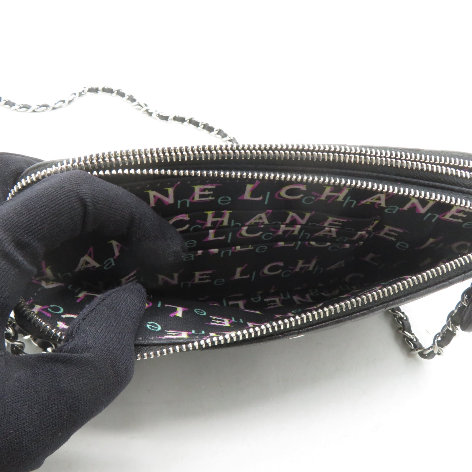 CHANEL 【激減優惠】菱格羊皮皮革Chain Shoulder銀扣鏈帶肩背袋黑色