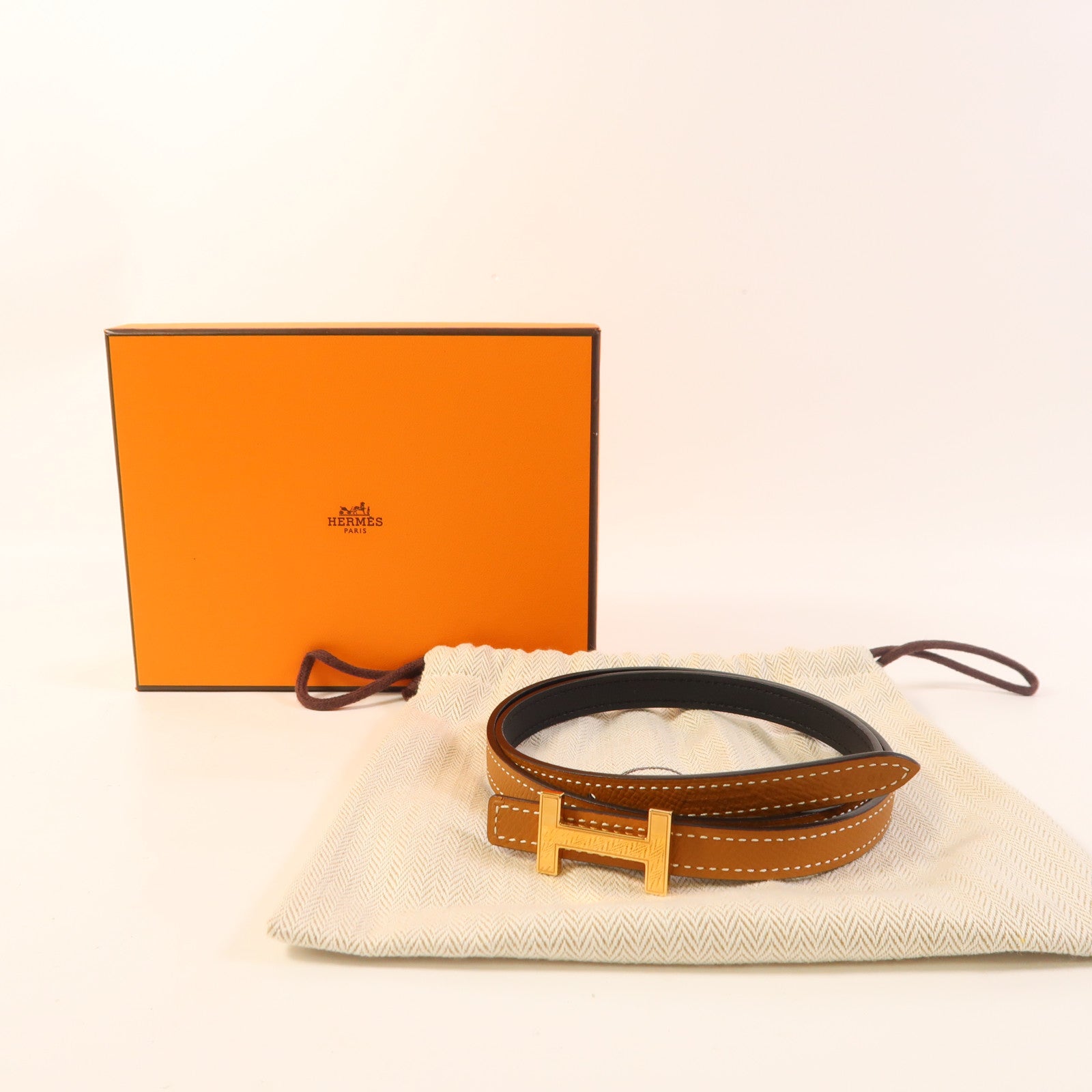 HERMES Epsom皮革/Swift皮革Focus Belt Buckle金扣皮帶Gold/Noir