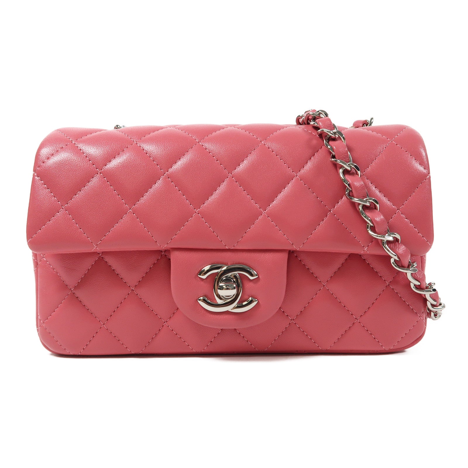 CHANEL 菱格羊皮皮革Classic Flap 20cm銀扣鏈帶肩背袋粉紅色