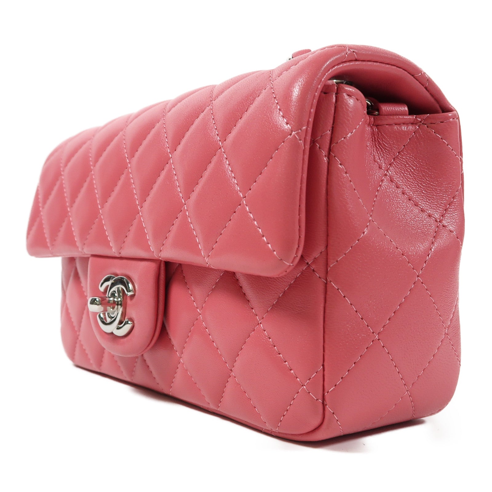 CHANEL 菱格羊皮皮革Classic Flap 20cm銀扣鏈帶肩背袋粉紅色