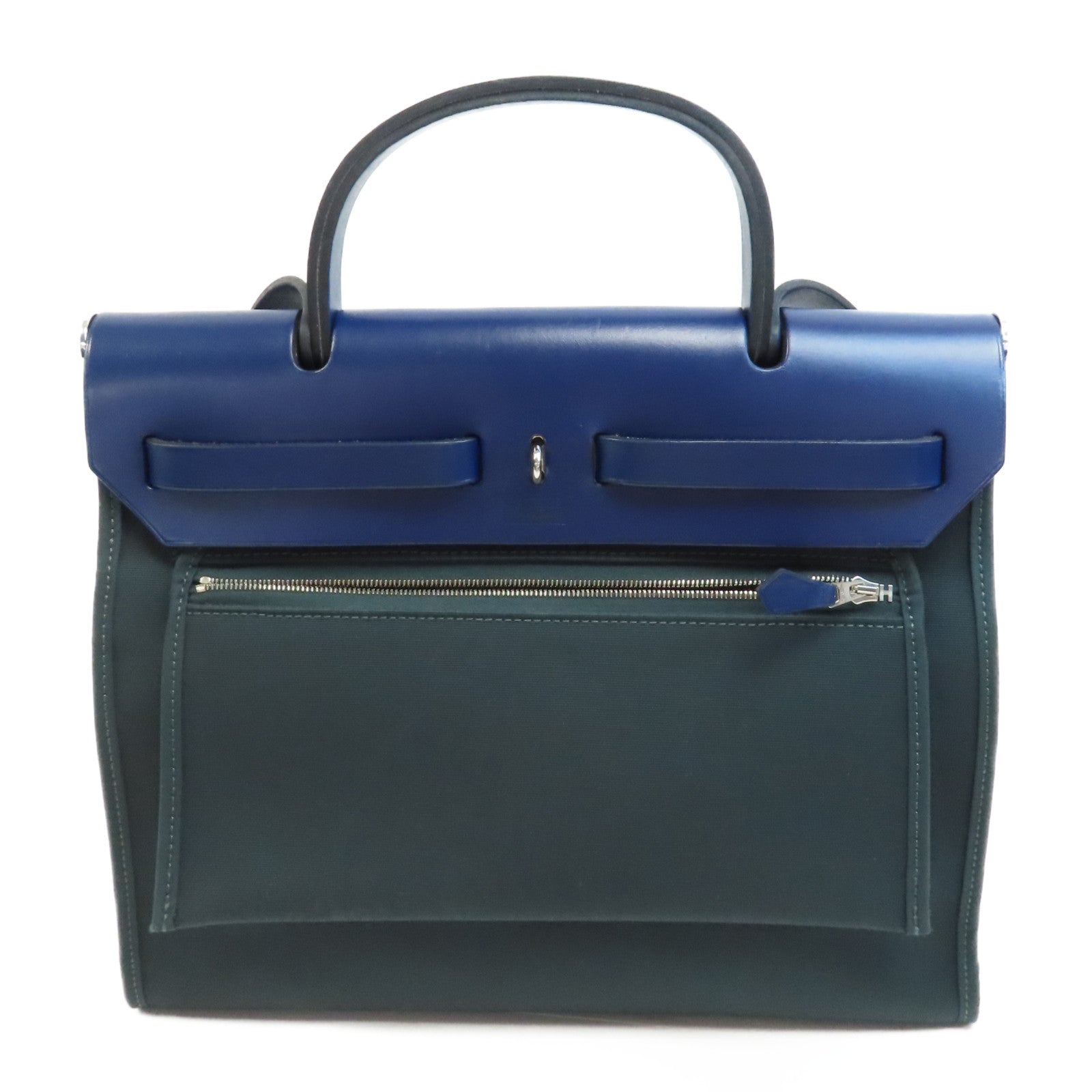 HERMES 帆布Herbag PM銀扣手挽肩背兩用袋Vert Cypres/綠色/藍色