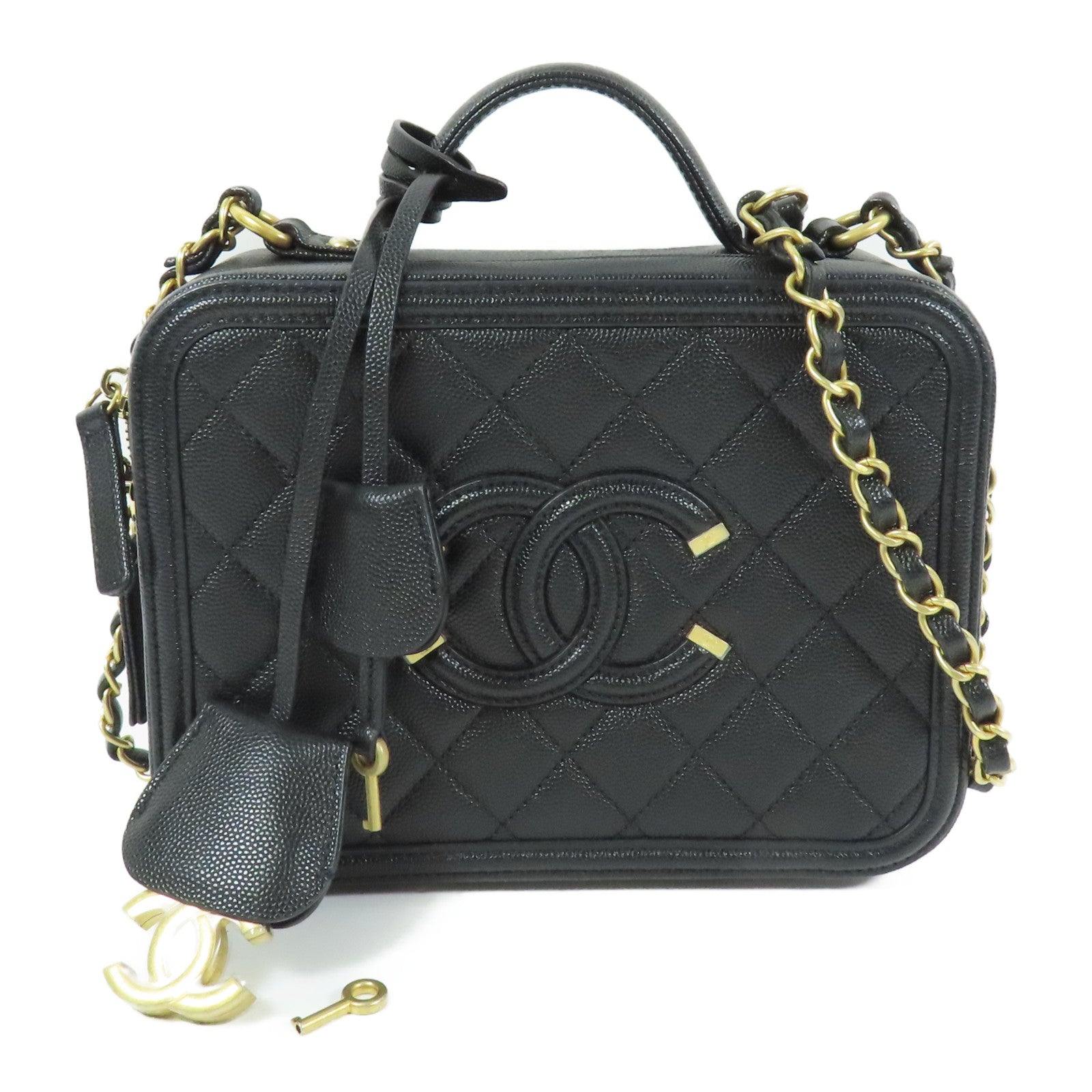 CHANEL 牛皮皮革Vanity Case金扣鏈帶手挽肩背兩用袋