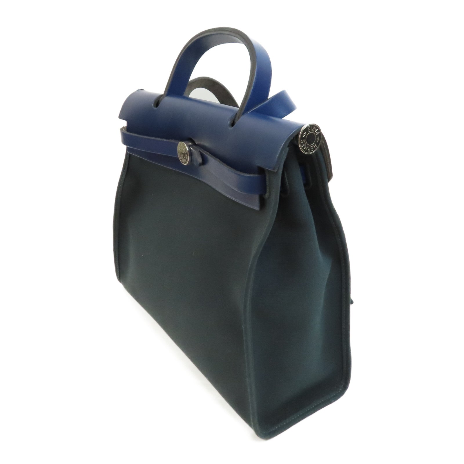HERMES 帆布Herbag PM銀扣手挽肩背兩用袋Vert Cypres/綠色/藍色