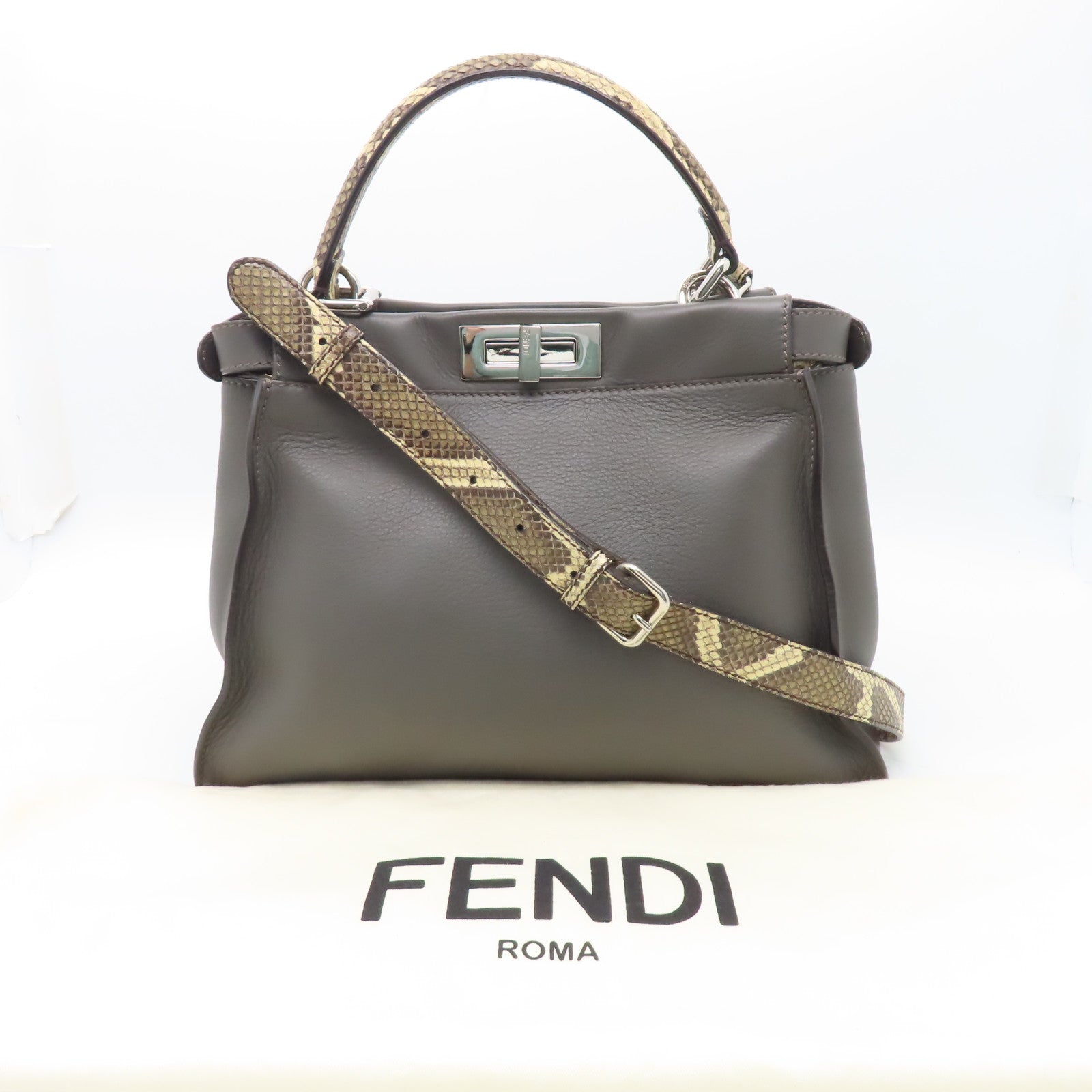 FENDI 【激減優惠】蛇皮皮革/牛皮皮革PeekBoo銀扣手挽肩背兩用袋