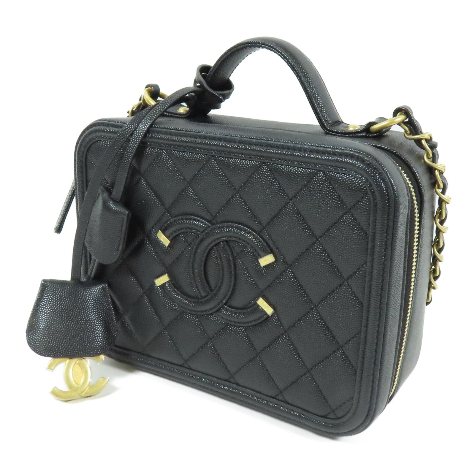 CHANEL 牛皮皮革Vanity Case金扣鏈帶手挽肩背兩用袋