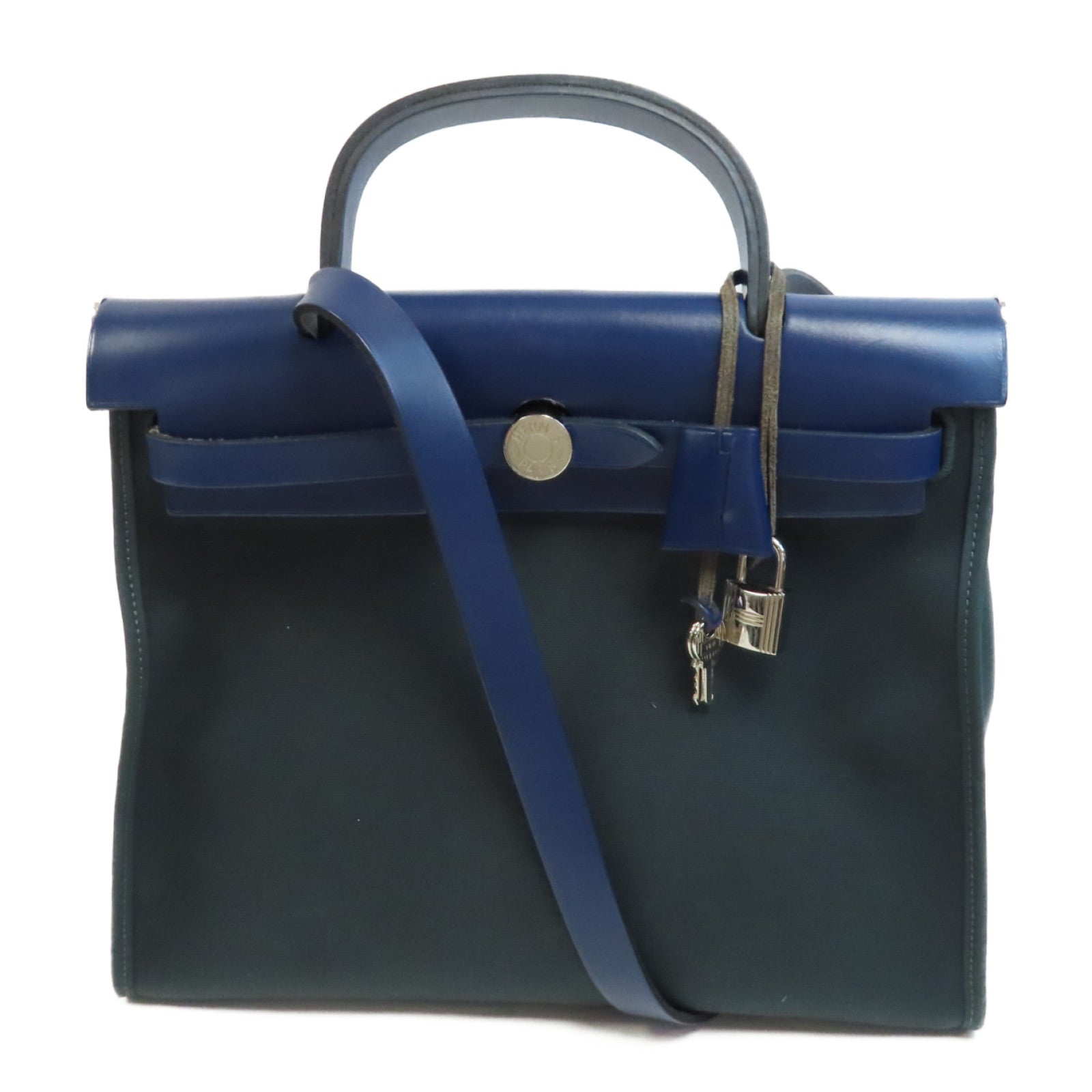 HERMES 帆布Herbag PM銀扣手挽肩背兩用袋Vert Cypres/綠色/藍色
