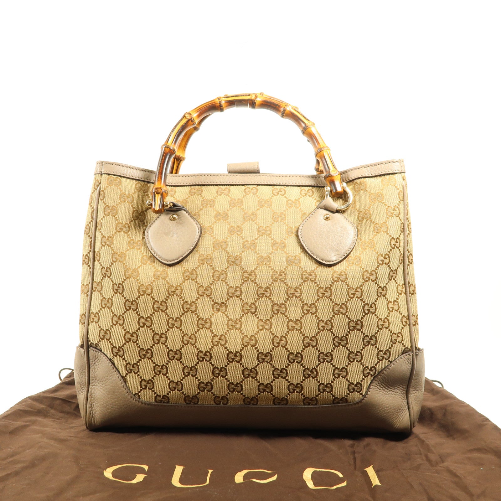 GUCCI 帆布Diana Bamboo Handle金扣手挽袋
