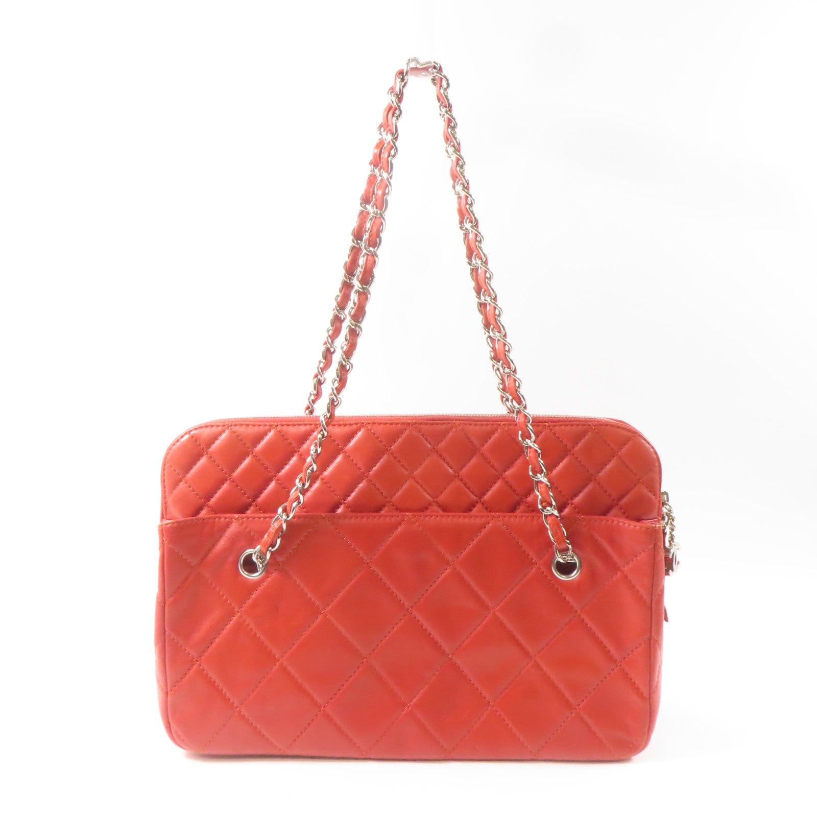 CHANEL 【激減優惠】菱格牛皮皮革Tote Bag銀扣鏈帶手挽袋紅色