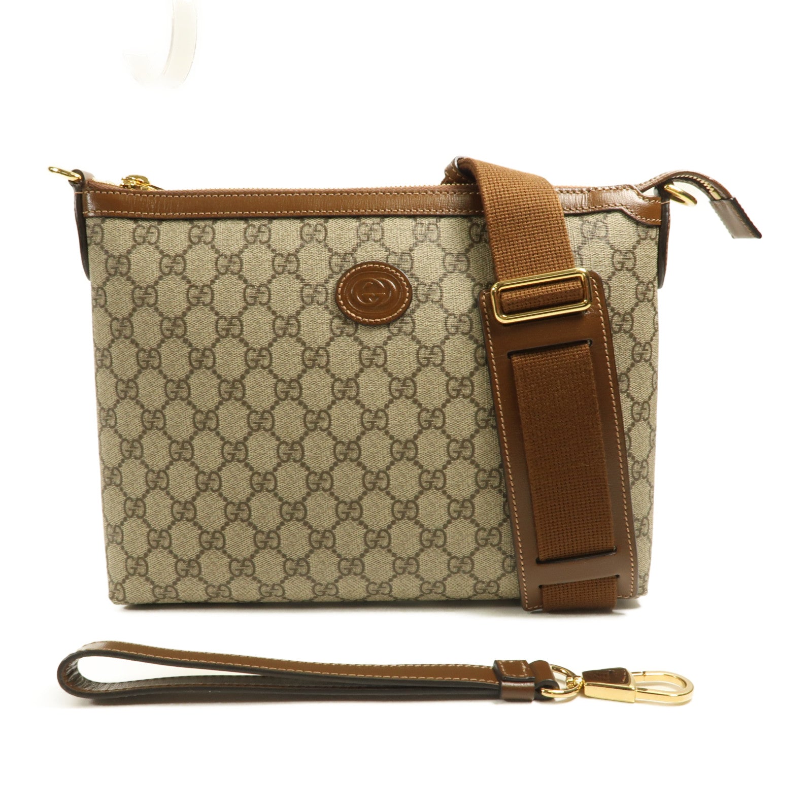 GUCCI 塗層帆布Interlocking G金扣肩背袋啡色