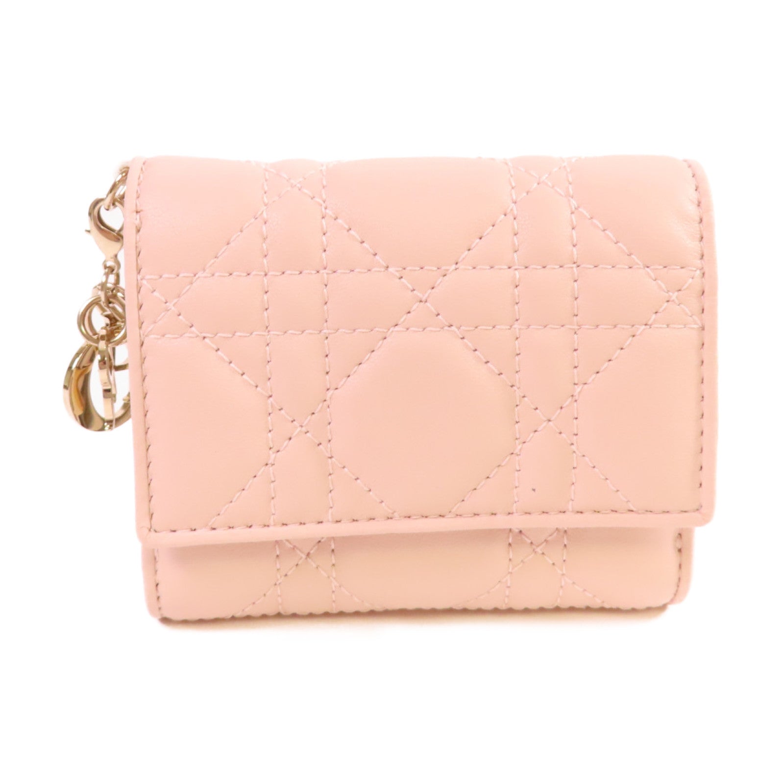 Dior 羊皮皮革Lady Dior Lotus Wallet金扣短錢包粉紅色