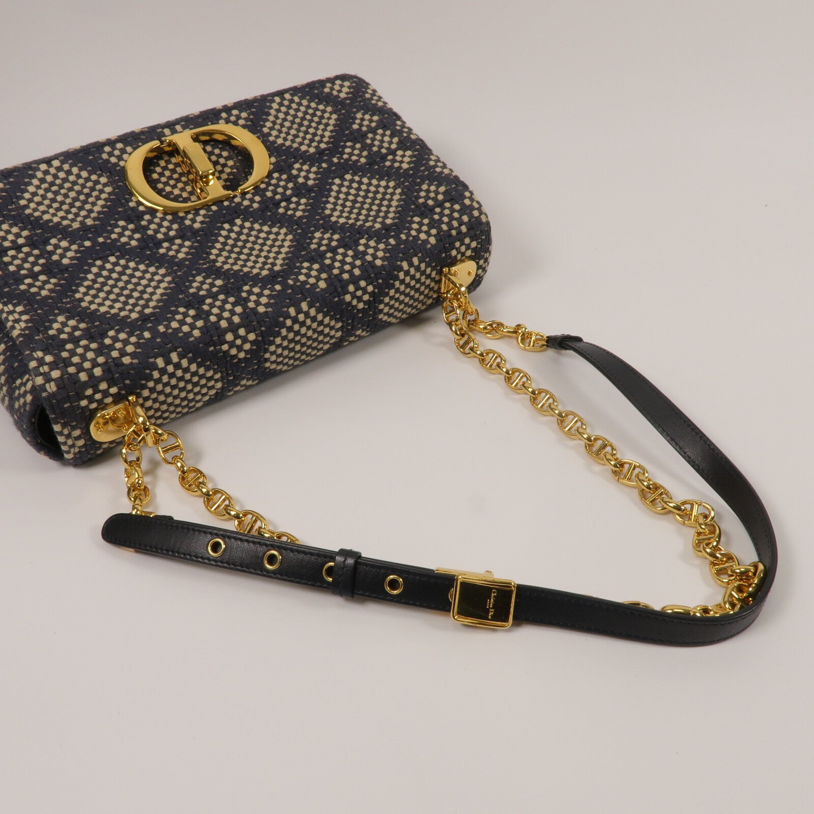 Dior Tweed/牛皮皮革Caro Medium鏈帶肩背袋