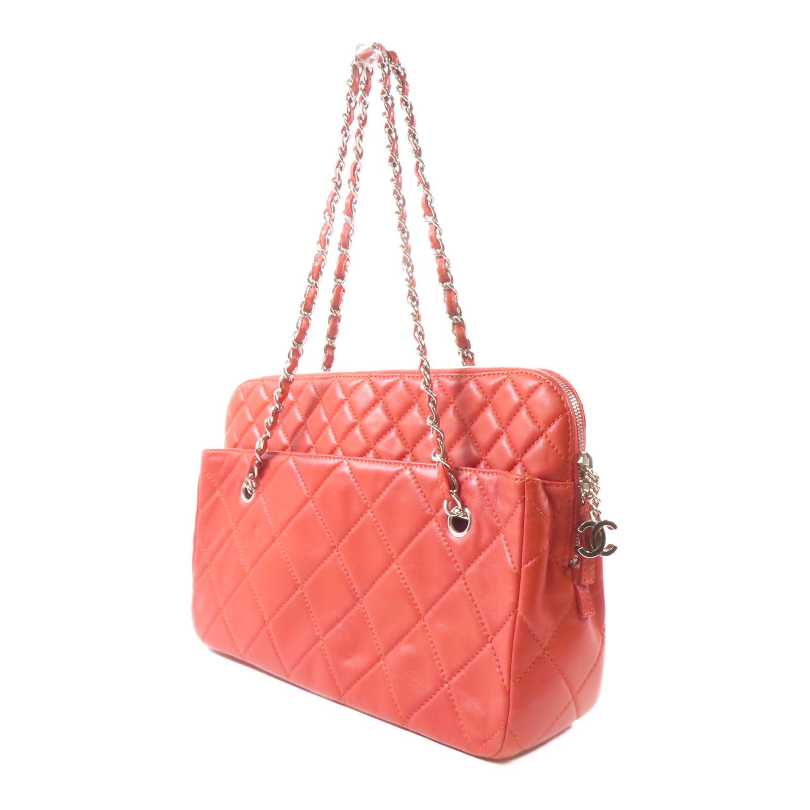 CHANEL 【激減優惠】菱格牛皮皮革Tote Bag銀扣鏈帶手挽袋紅色