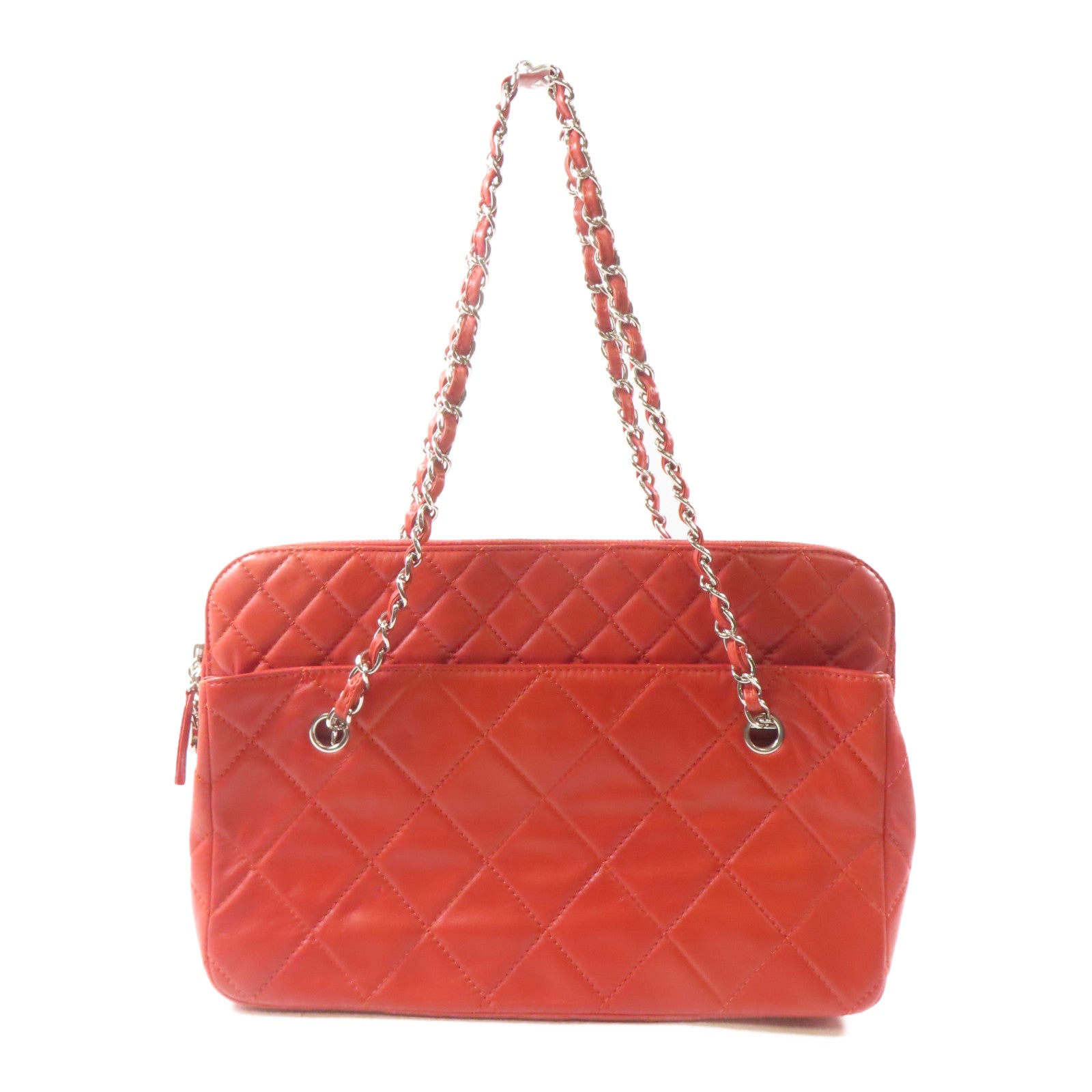 CHANEL 【激減優惠】菱格牛皮皮革Tote Bag銀扣鏈帶手挽袋紅色