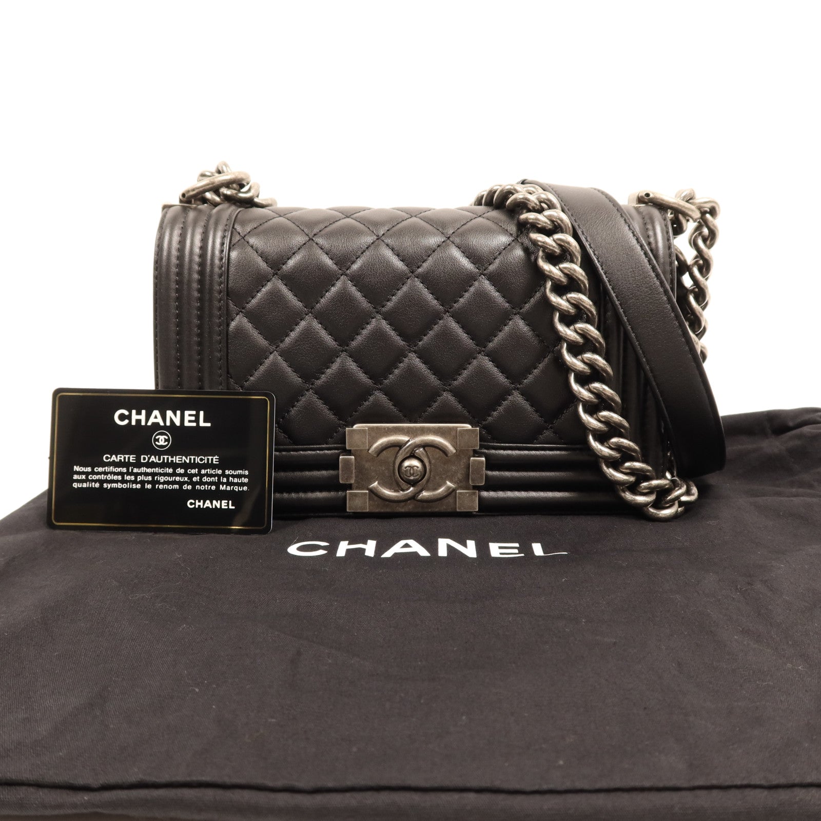 CHANEL 羊皮皮革Boy 20銀扣鏈帶肩背袋