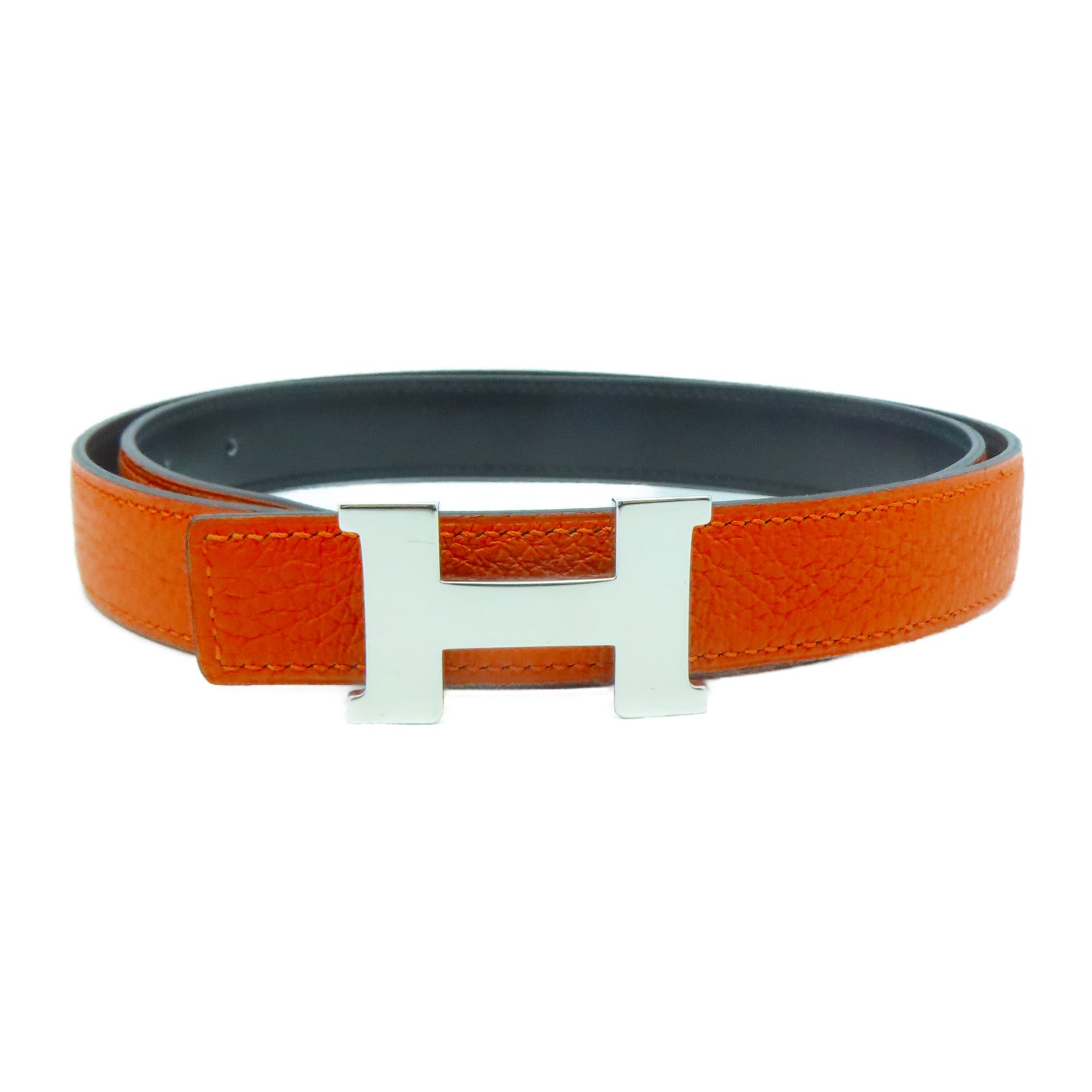 HERMES 【激減優惠】Togo皮革Belt銀扣皮帶橙色/黑色