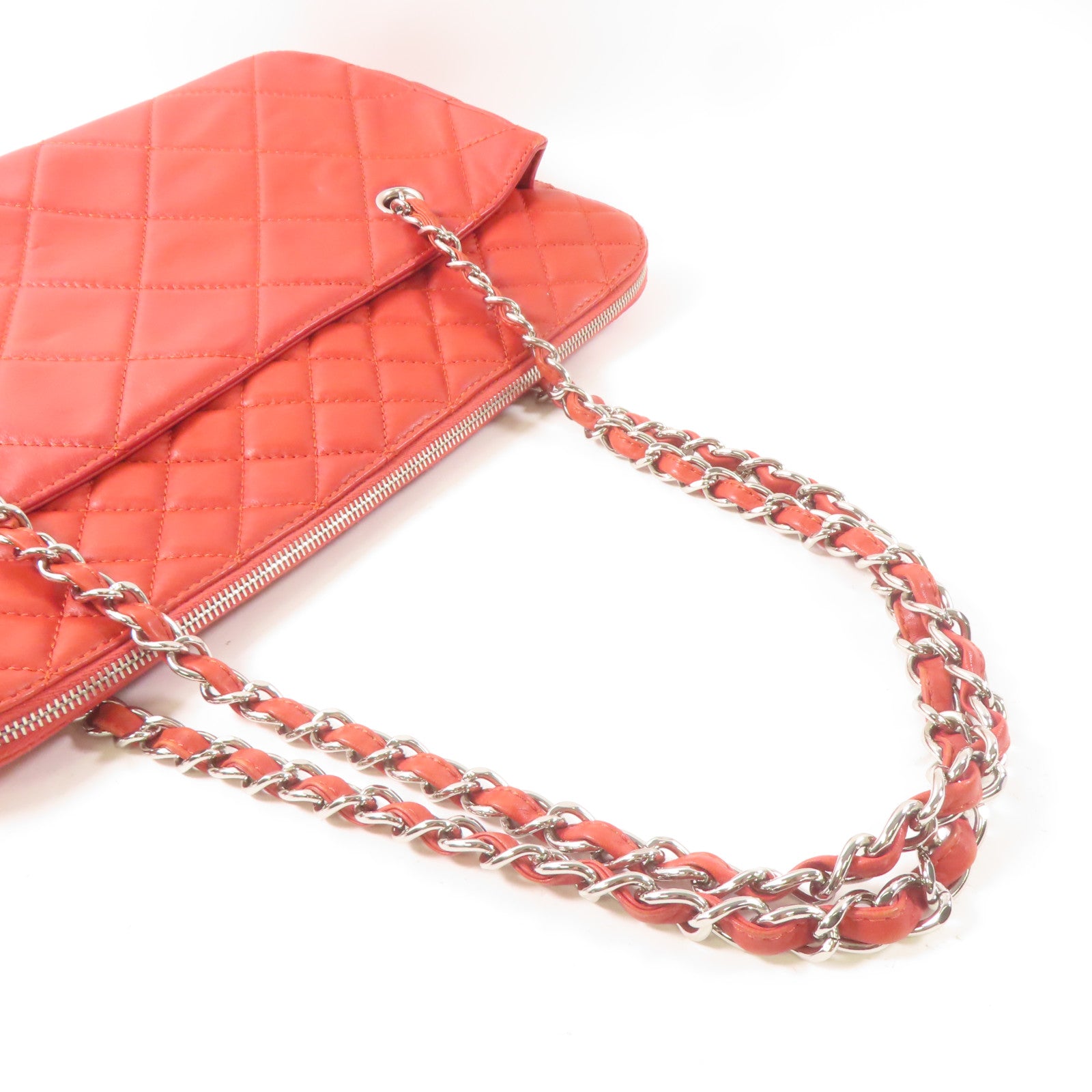 CHANEL 【激減優惠】菱格牛皮皮革Tote Bag銀扣鏈帶手挽袋紅色