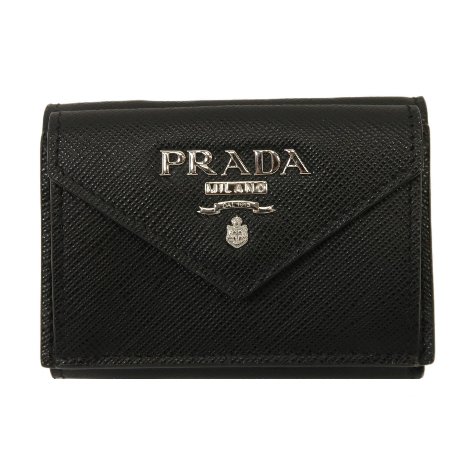 PRADA Saffiano皮革Trifold Wallet銀扣三摺錢包黑色