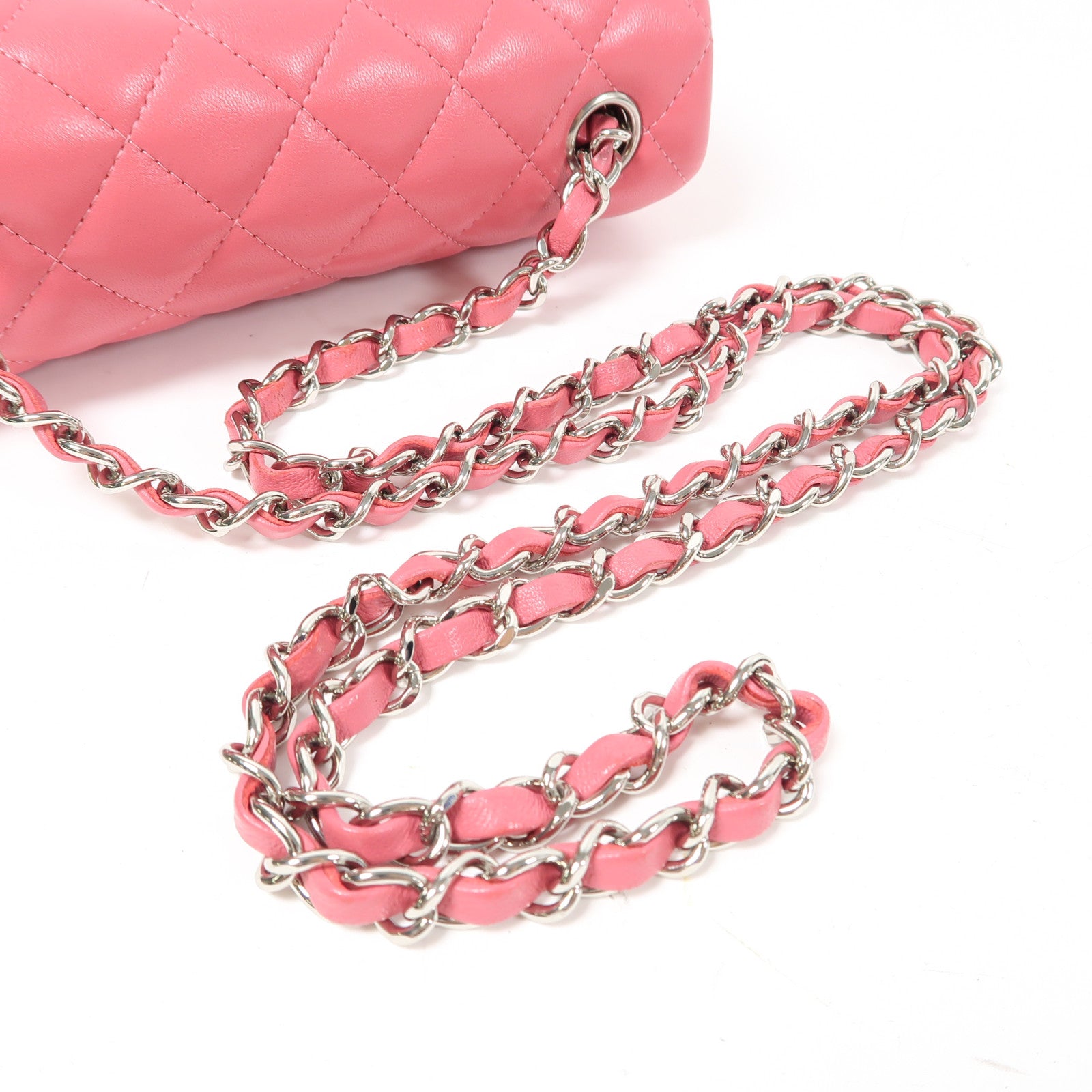 CHANEL 菱格羊皮皮革Classic Flap 20cm銀扣鏈帶肩背袋粉紅色