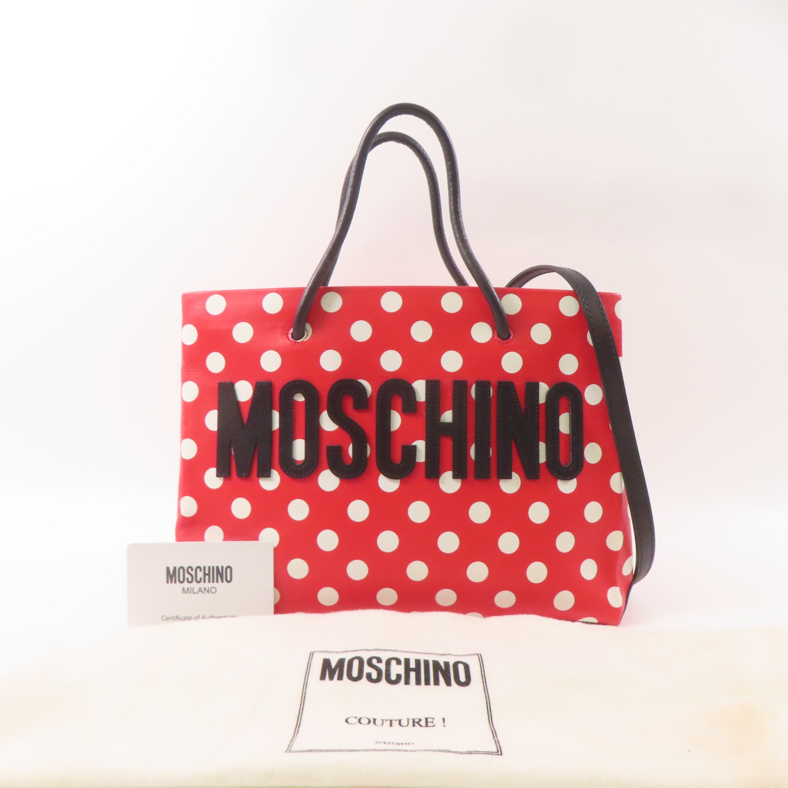 MOSCHINO Tote Bag Handbag 2 Way Shoulder Bag Calfskin Leather Red/White