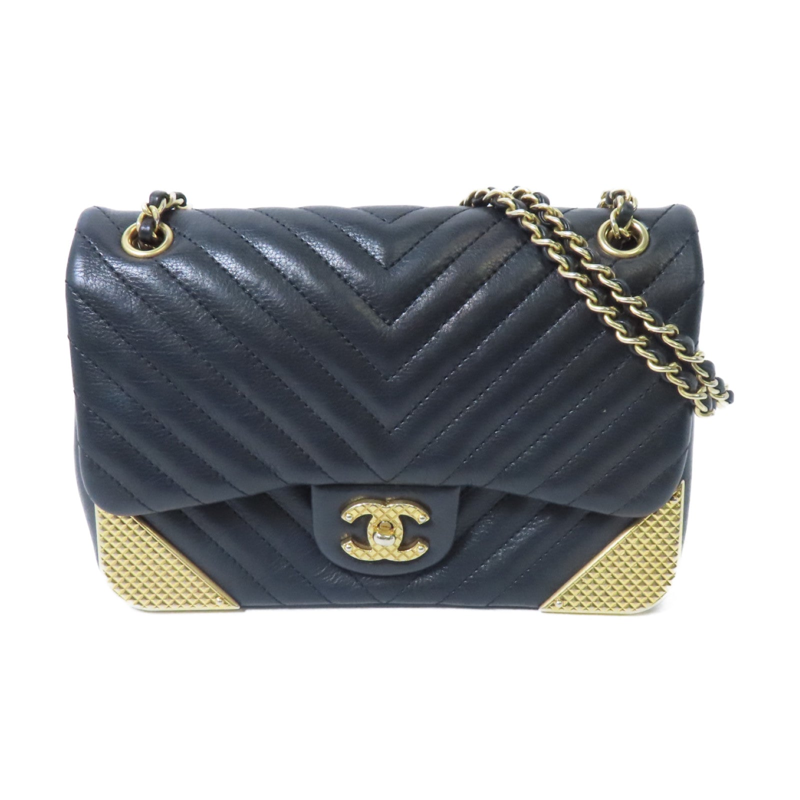 CHANEL 【激減優惠】斜紋羊皮皮革Rock the Corner Flap金扣鏈帶肩背袋黑色