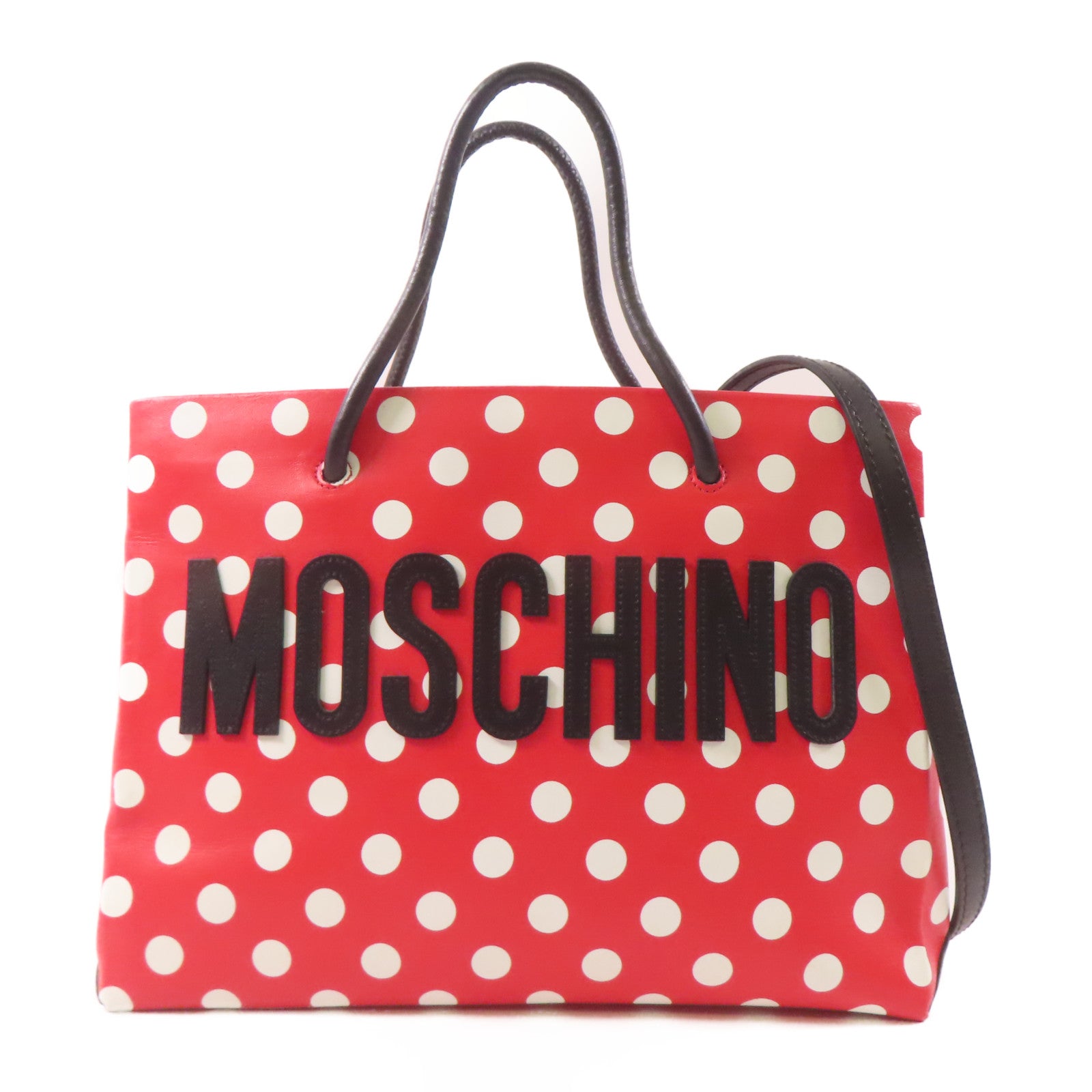 MOSCHINO Tote Bag Handbag 2 Way Shoulder Bag Calfskin Leather Red/White