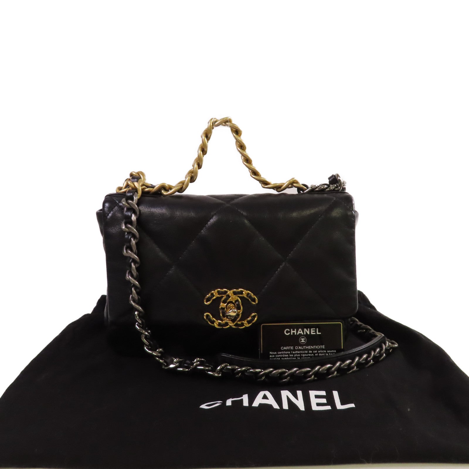 CHANEL 菱格羊皮皮革Chanel 19 Small 2Way Shoulder Bag鏈帶手挽肩背兩用袋黑色